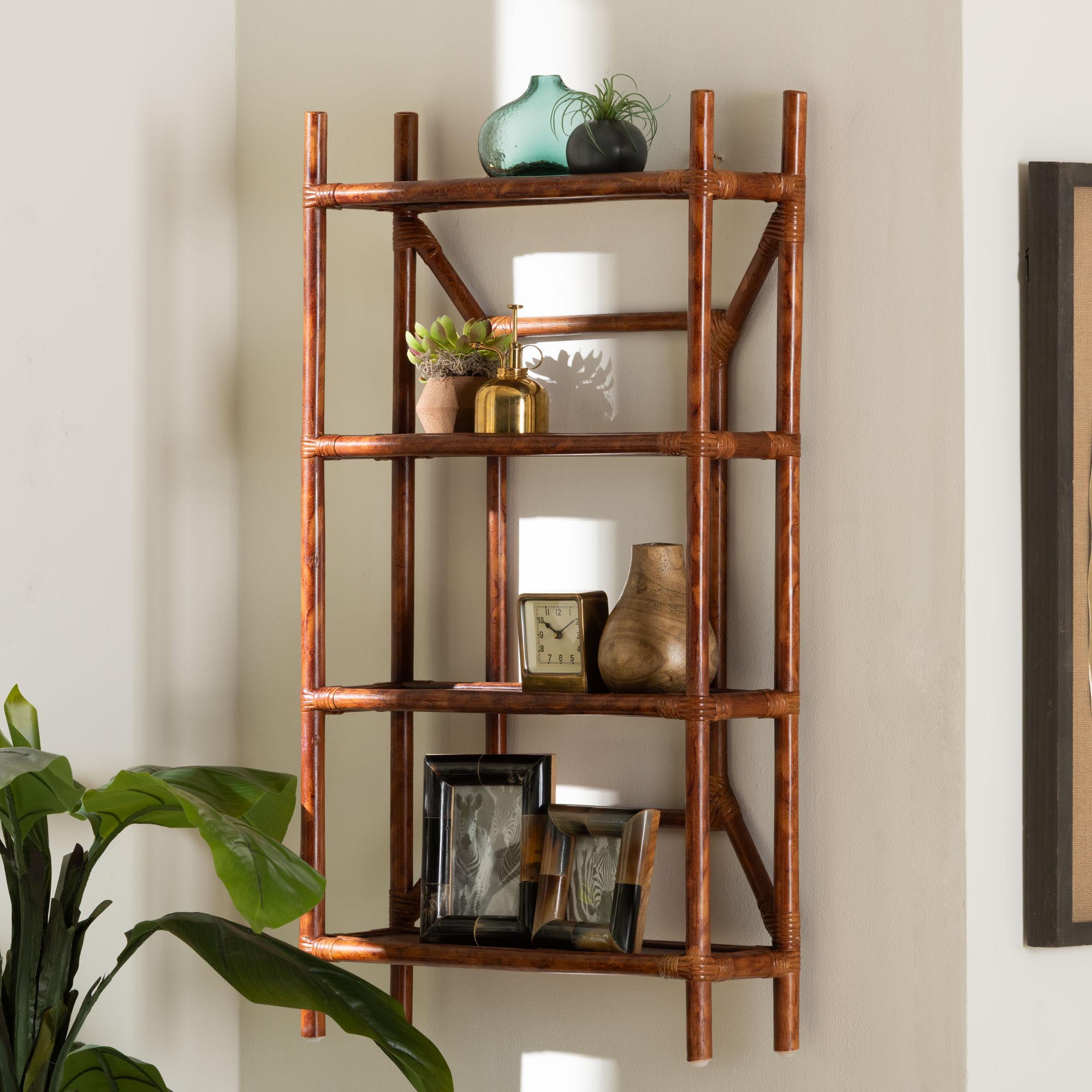 bali & pari Basile Marbled Tortoise Rattan 4-Tier Wall Display Shelf - Decorative Floating Wicker Storage Organizer for Living Room, Bedroom, or Entryway