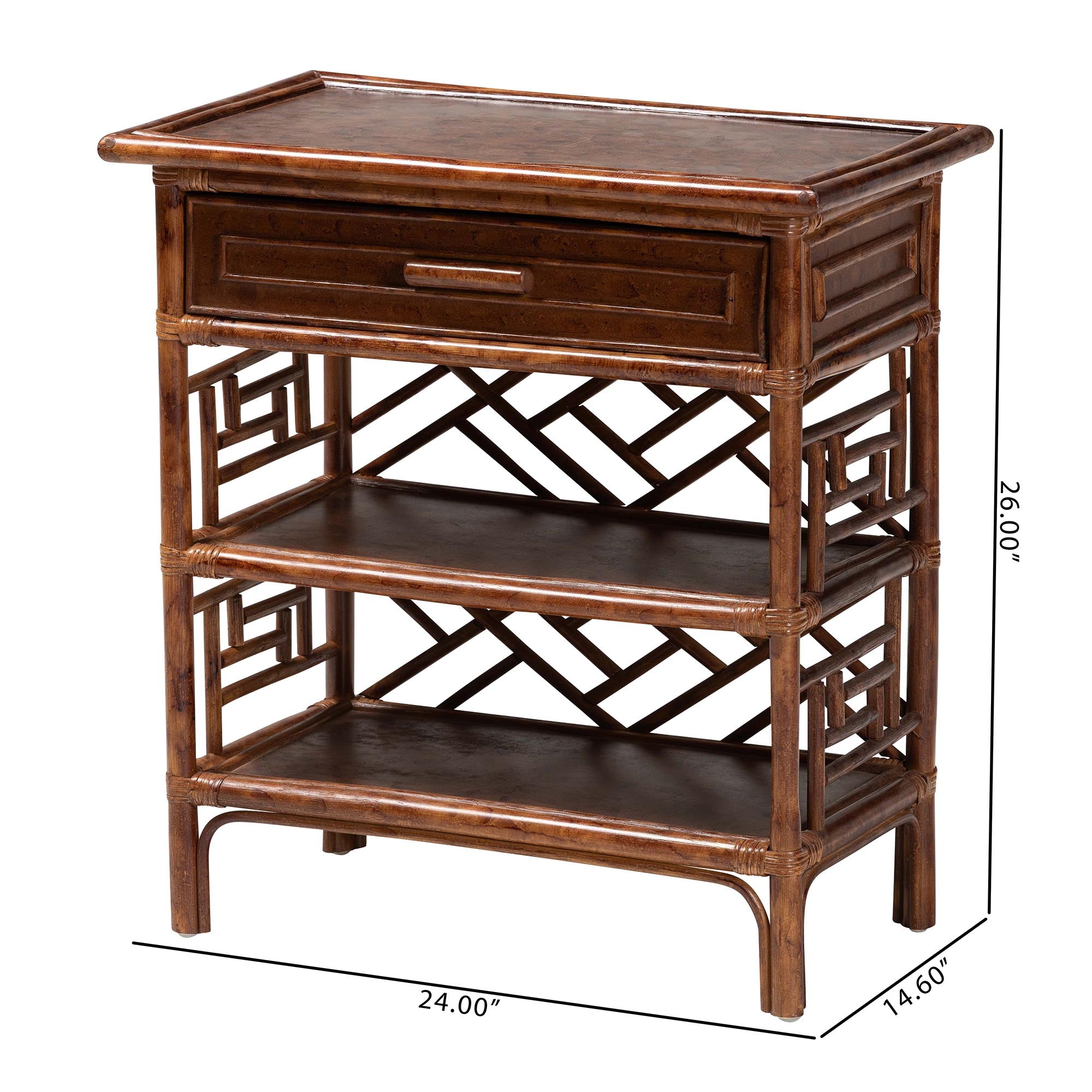 bali & pari Daemyn Marbled Tortoise Natural Rattan Nightstand - Handcrafted Wicker Bedside Table with Drawer and Open Shelving