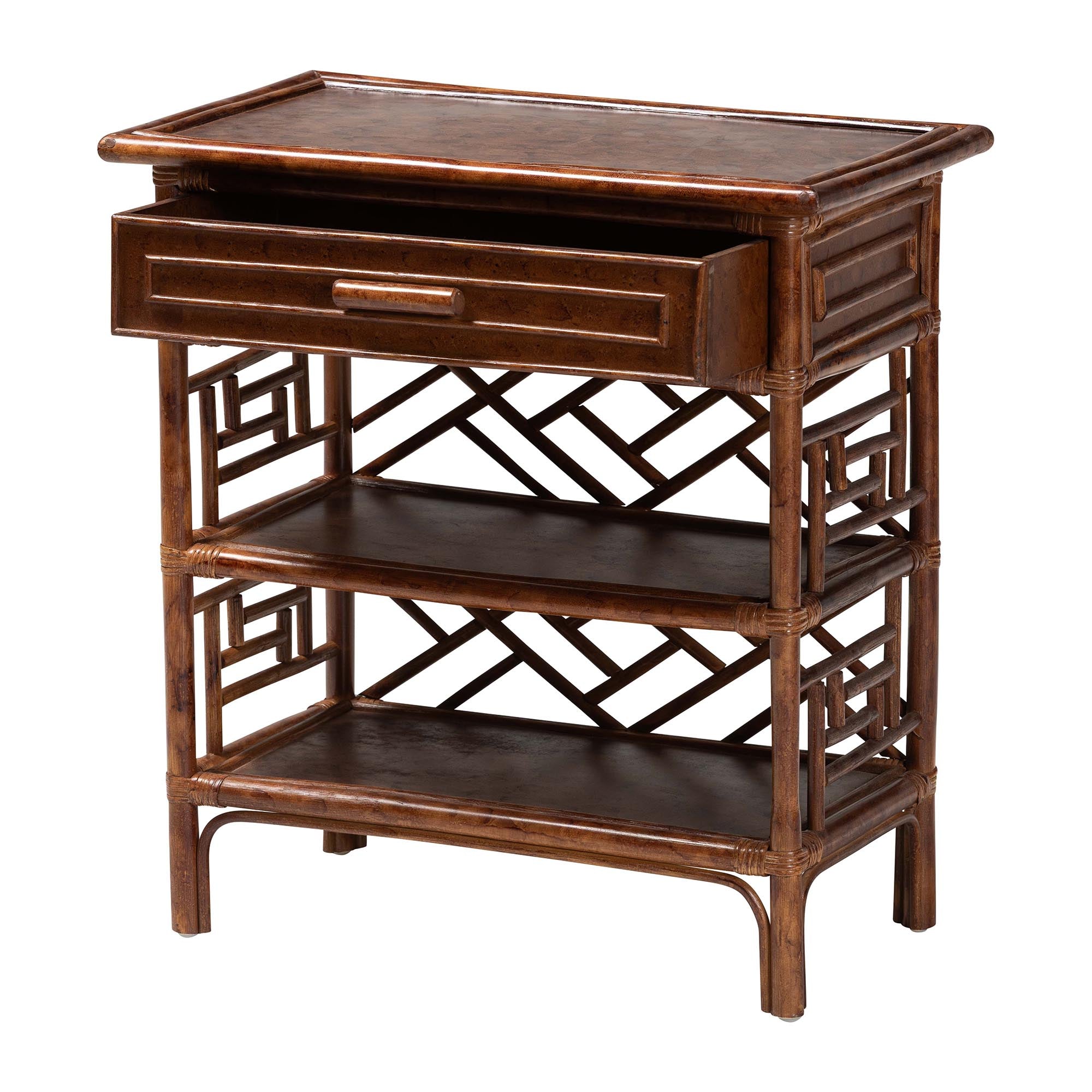 bali & pari Daemyn Marbled Tortoise Natural Rattan Nightstand - Handcrafted Wicker Bedside Table with Drawer and Open Shelving