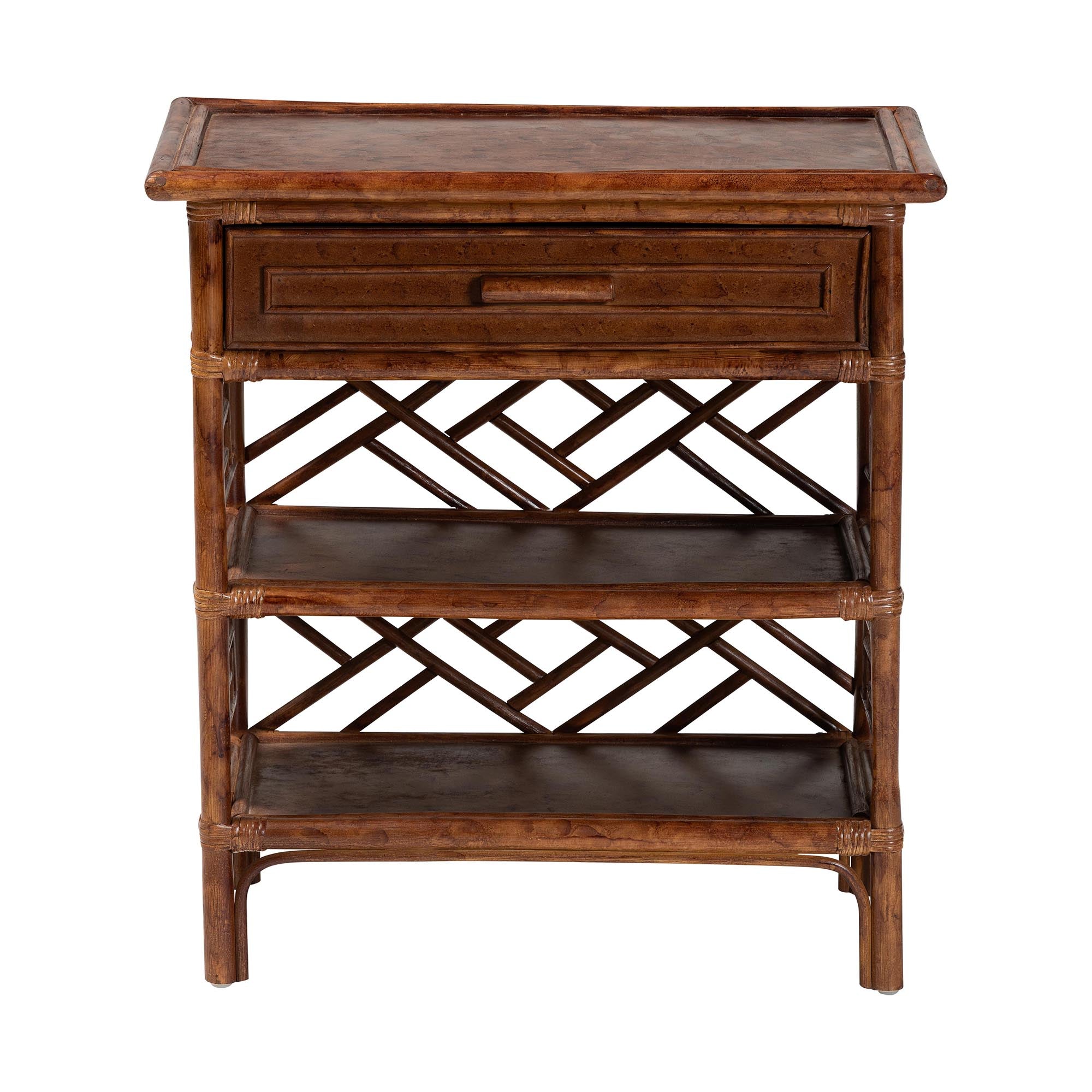 bali & pari Daemyn Marbled Tortoise Natural Rattan Nightstand - Handcrafted Wicker Bedside Table with Drawer and Open Shelving