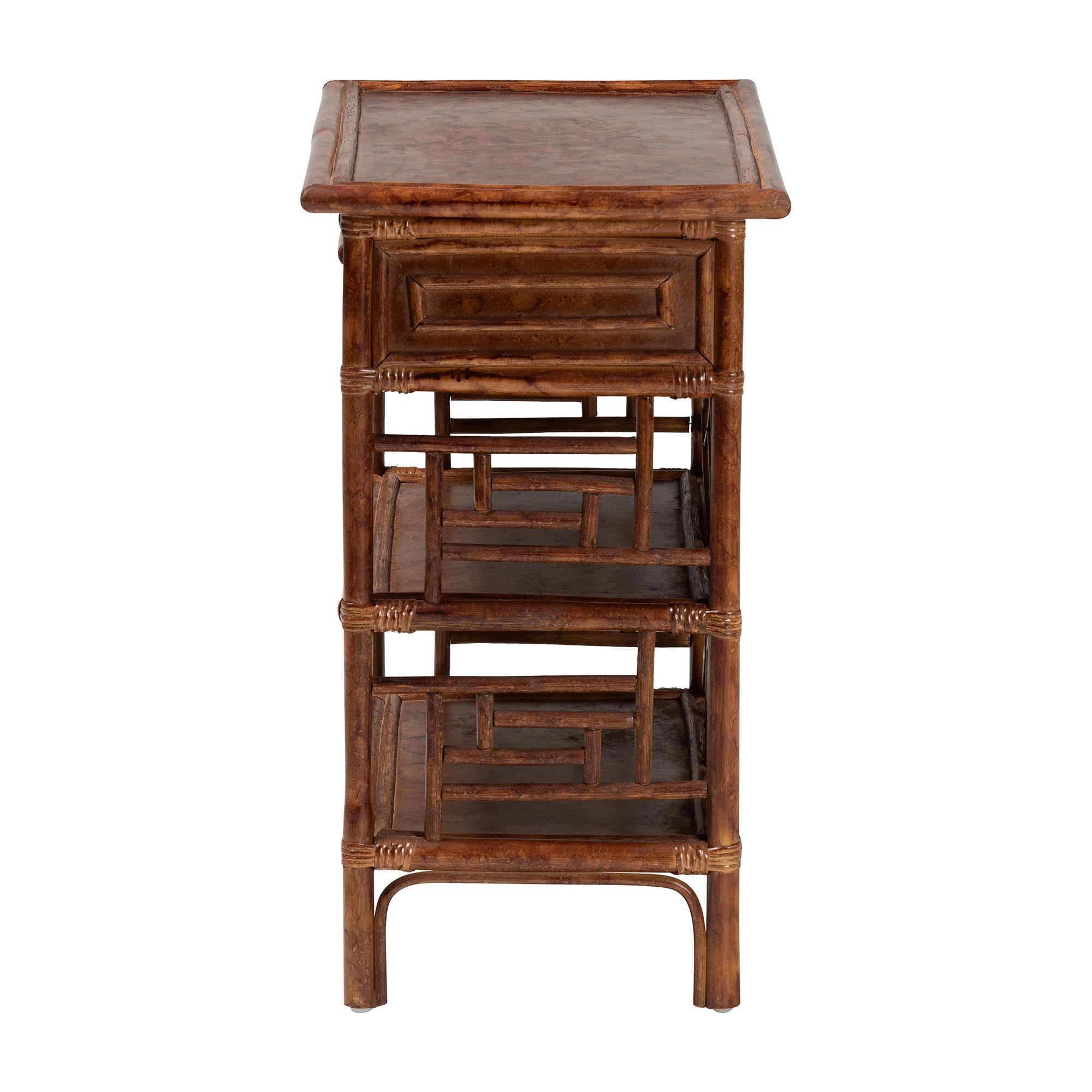 bali & pari Daemyn Marbled Tortoise Natural Rattan Nightstand - Handcrafted Wicker Bedside Table with Drawer and Open Shelving
