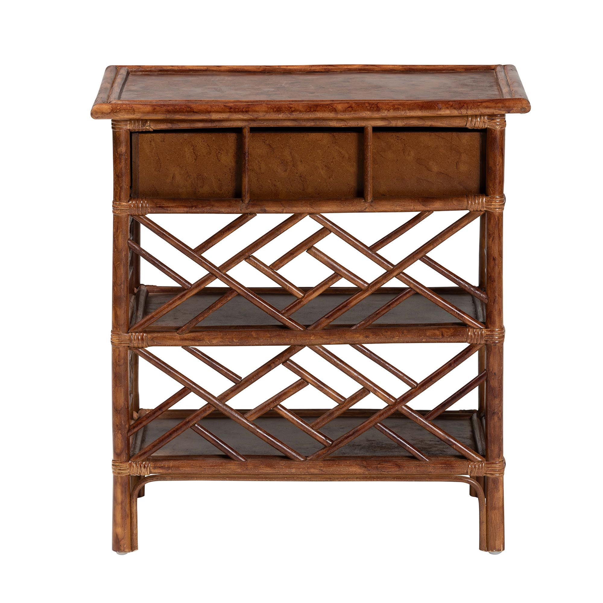 bali & pari Daemyn Marbled Tortoise Natural Rattan Nightstand - Handcrafted Wicker Bedside Table with Drawer and Open Shelving