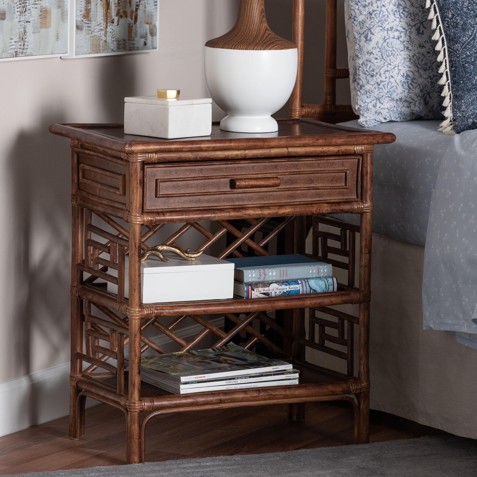bali & pari Daemyn Marbled Tortoise Natural Rattan Nightstand - Handcrafted Wicker Bedside Table with Drawer and Open Shelving