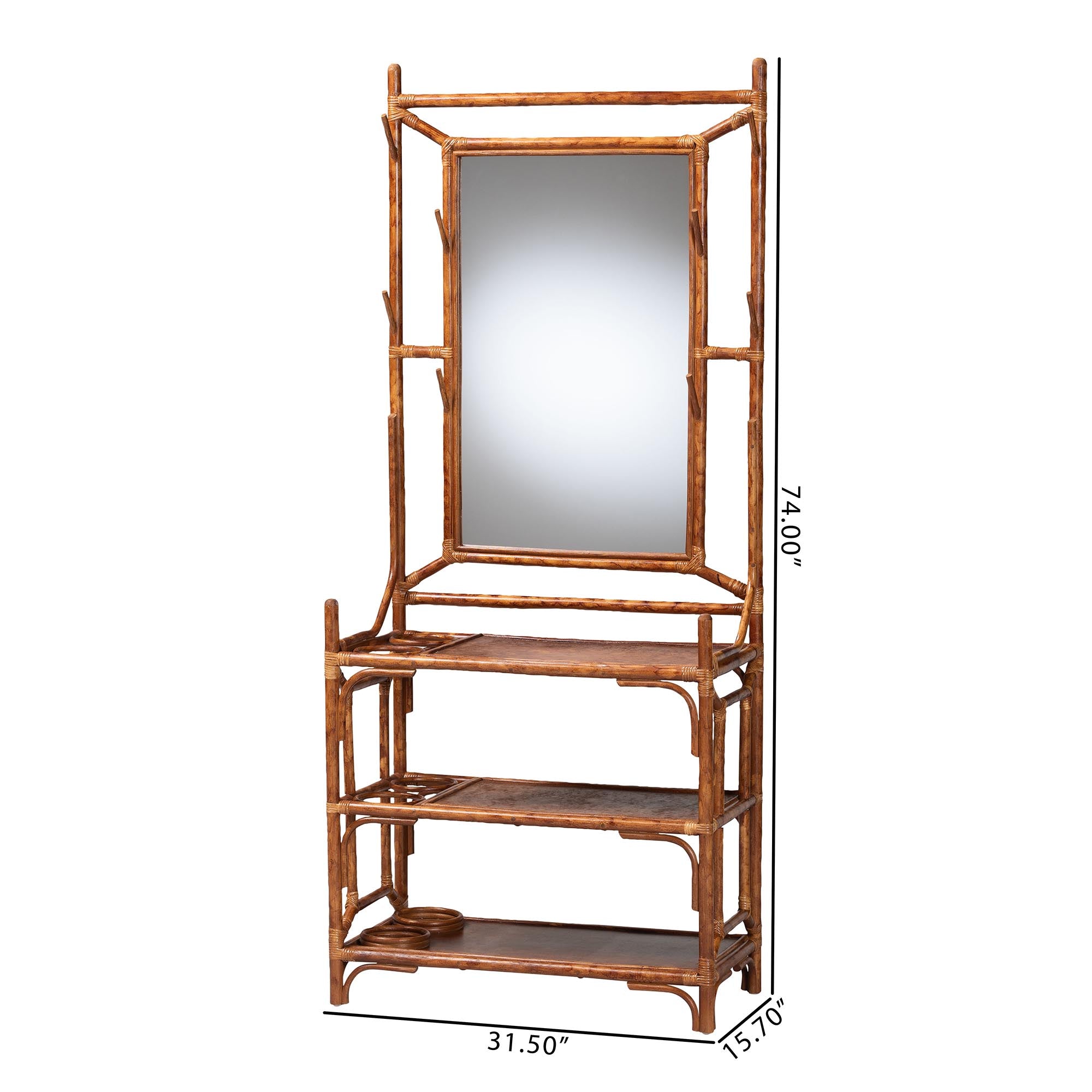 bali & pari Feyre Marbled Tortoise Natural Rattan Hall Tree - Handcrafted Wicker Entryway Organizer with Mirror, Shelving and Hooks, Tropical and Coastal Foyer Complement