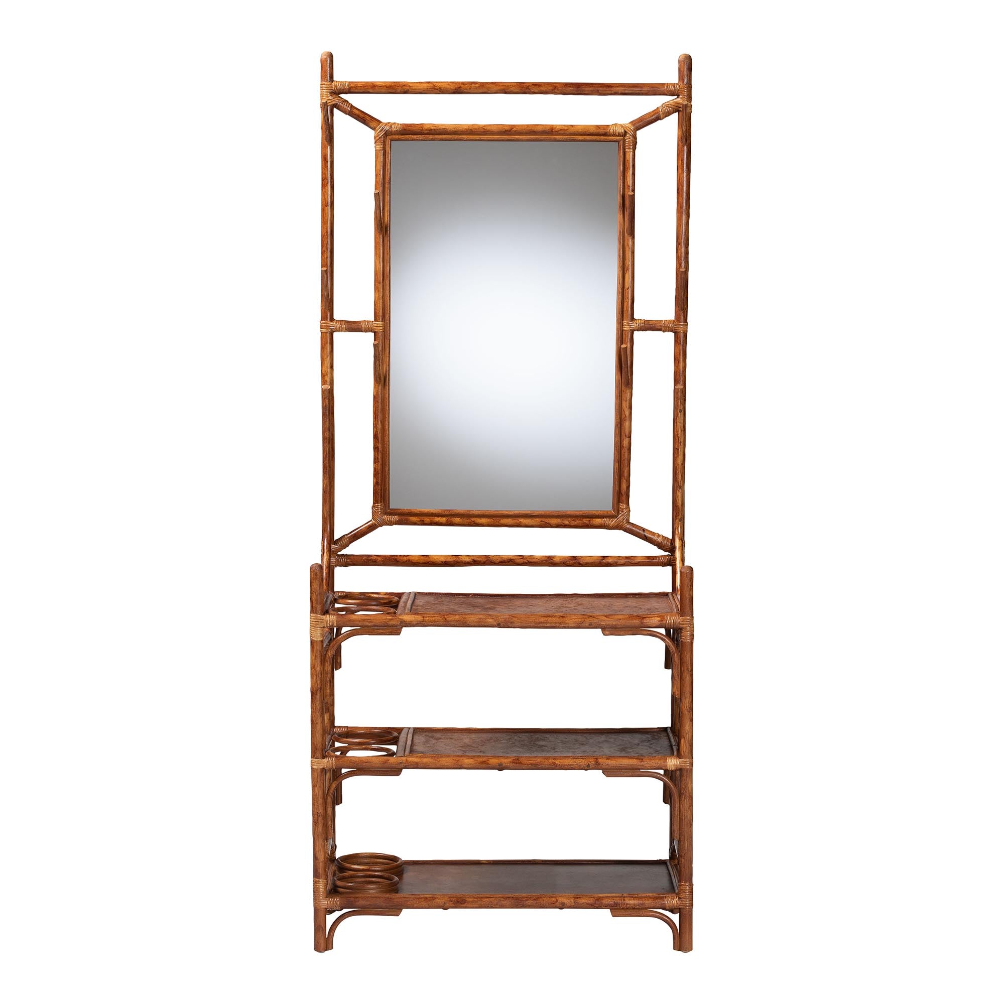 bali & pari Feyre Marbled Tortoise Natural Rattan Hall Tree - Handcrafted Wicker Entryway Organizer with Mirror, Shelving and Hooks, Tropical and Coastal Foyer Complement