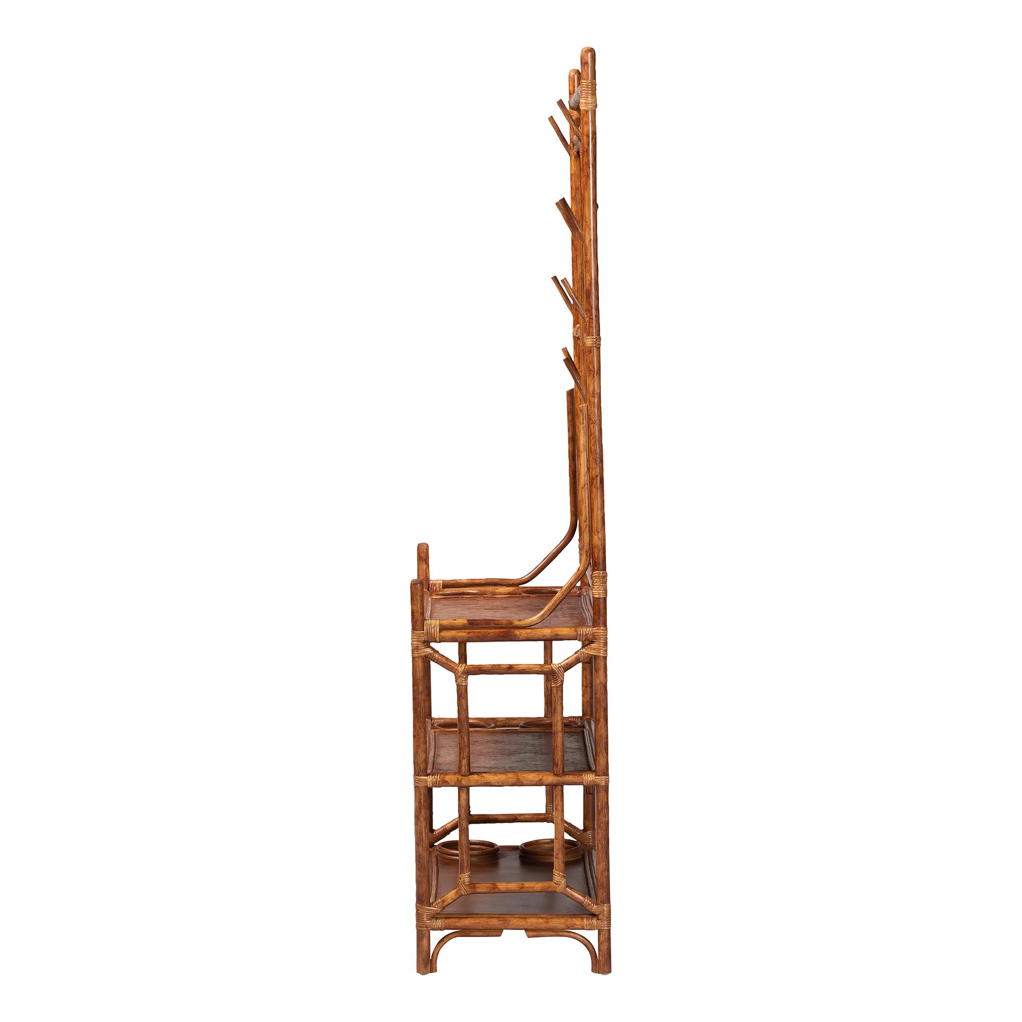bali & pari Feyre Marbled Tortoise Natural Rattan Hall Tree - Handcrafted Wicker Entryway Organizer with Mirror, Shelving and Hooks, Tropical and Coastal Foyer Complement
