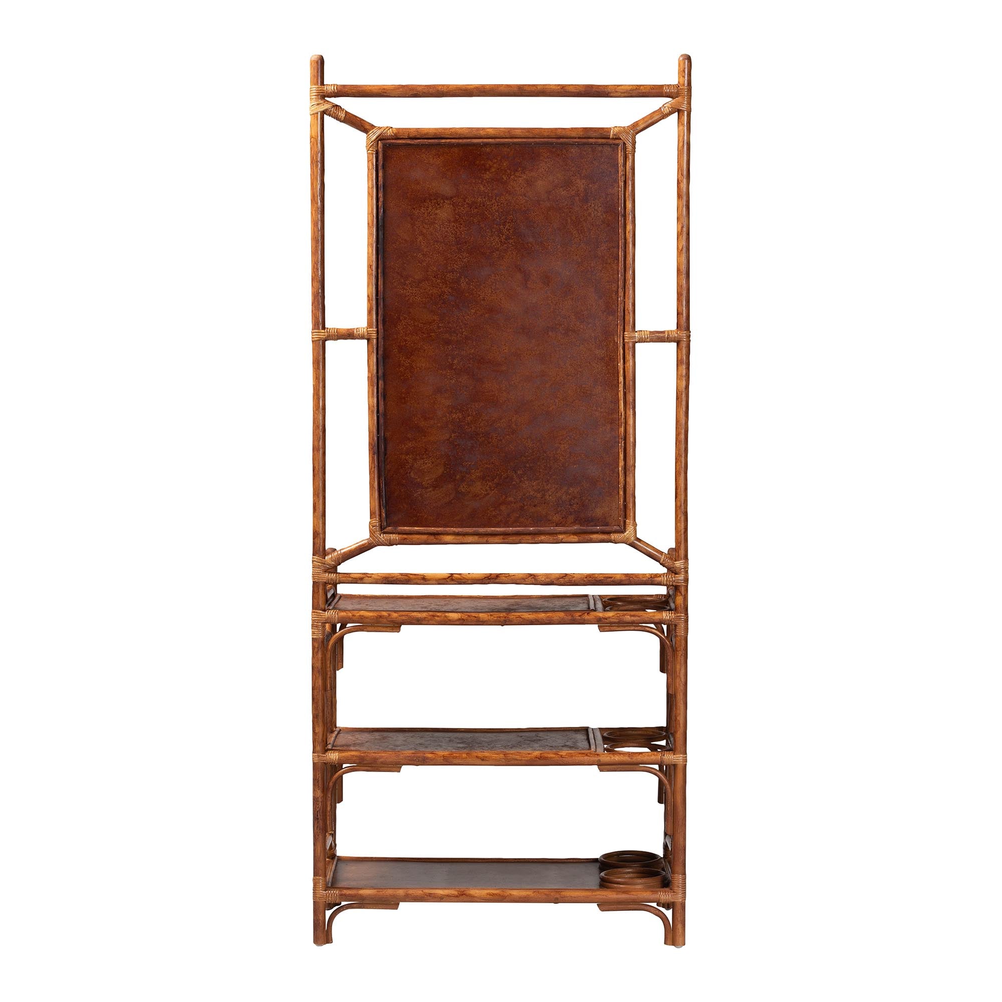 bali & pari Feyre Marbled Tortoise Natural Rattan Hall Tree - Handcrafted Wicker Entryway Organizer with Mirror, Shelving and Hooks, Tropical and Coastal Foyer Complement
