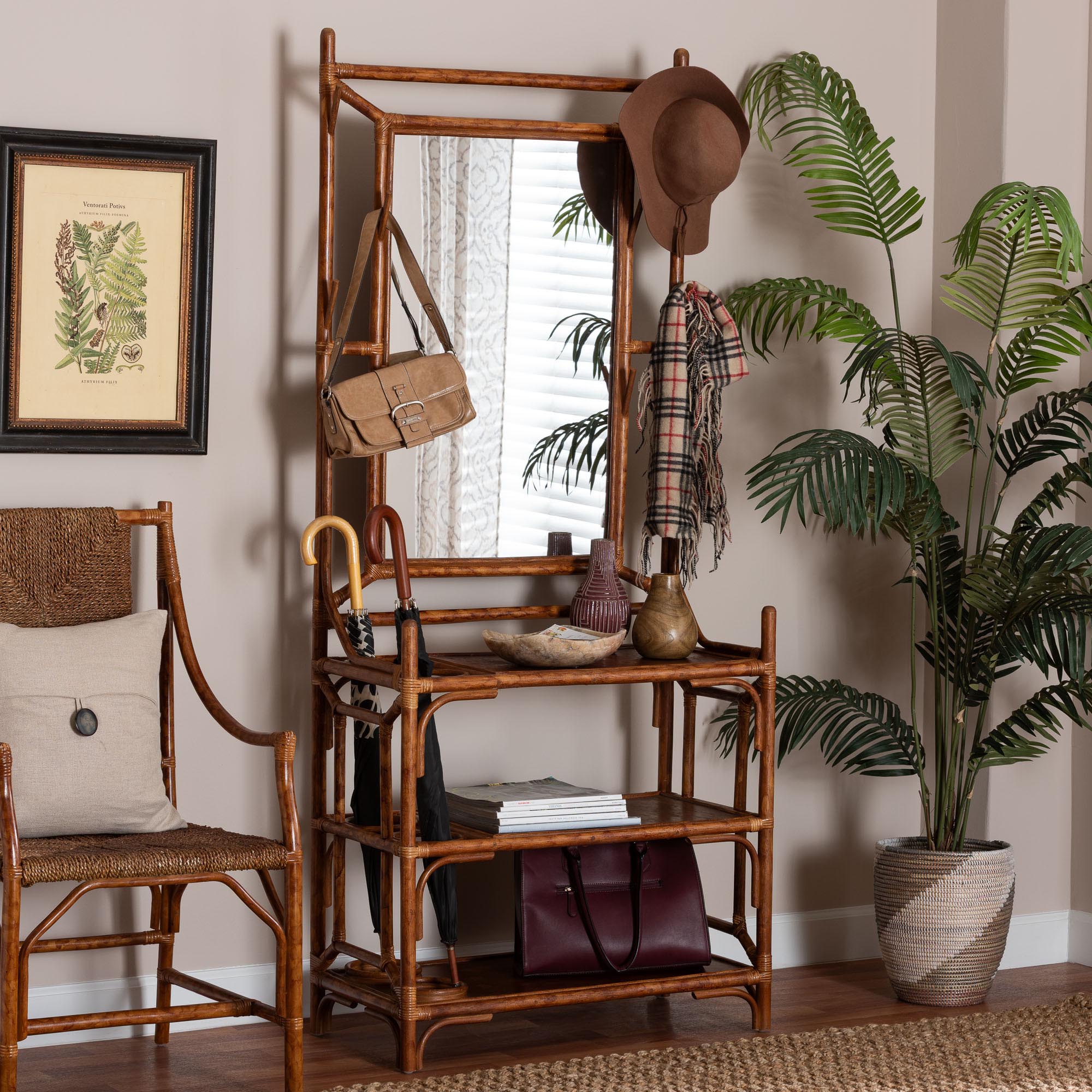 bali & pari Feyre Marbled Tortoise Natural Rattan Hall Tree - Handcrafted Wicker Entryway Organizer with Mirror, Shelving and Hooks, Tropical and Coastal Foyer Complement