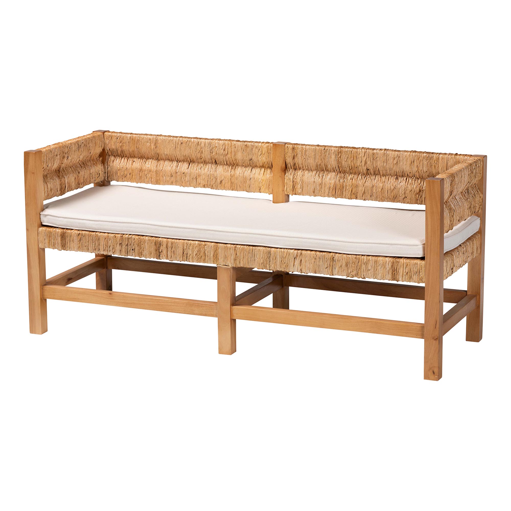 bali & pari Ismael Accent Bench - Handwoven Seagrass Accent Seating with Mahogany Wood Frame, Raised Back Bench for Entryway or Living Room
