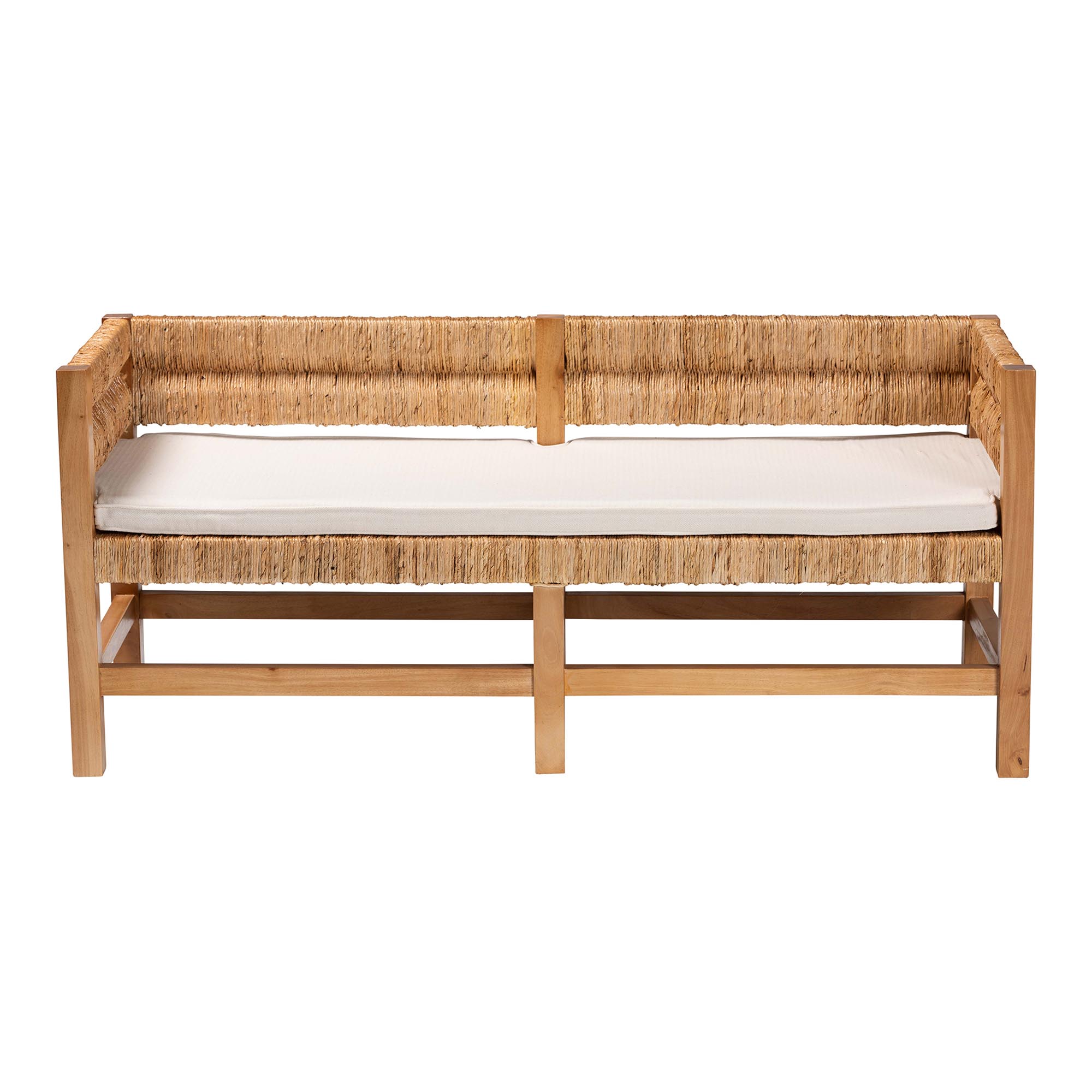bali & pari Ismael Accent Bench - Handwoven Seagrass Accent Seating with Mahogany Wood Frame, Raised Back Bench for Entryway or Living Room
