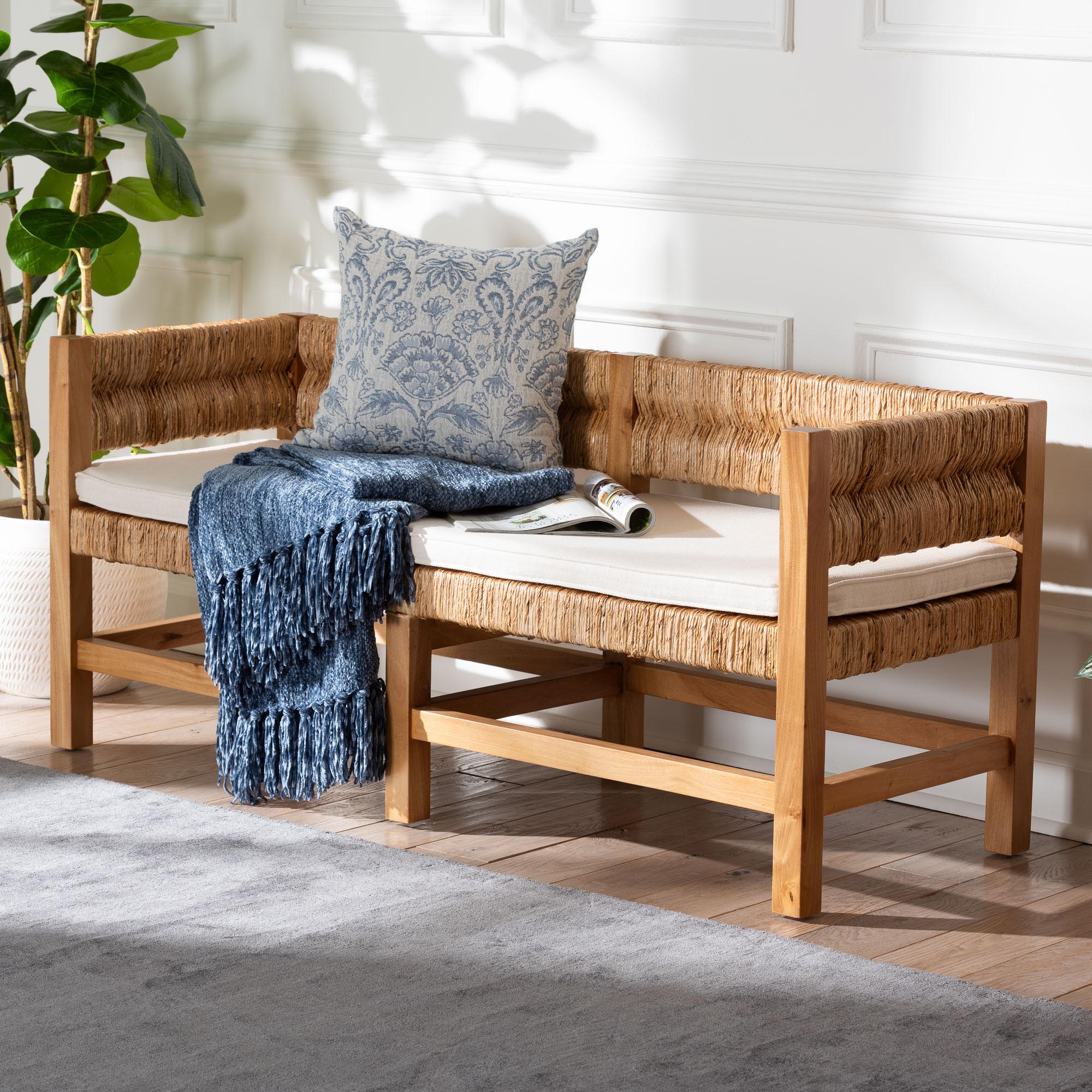 bali & pari Ismael Accent Bench - Handwoven Seagrass Accent Seating with Mahogany Wood Frame, Raised Back Bench for Entryway or Living Room