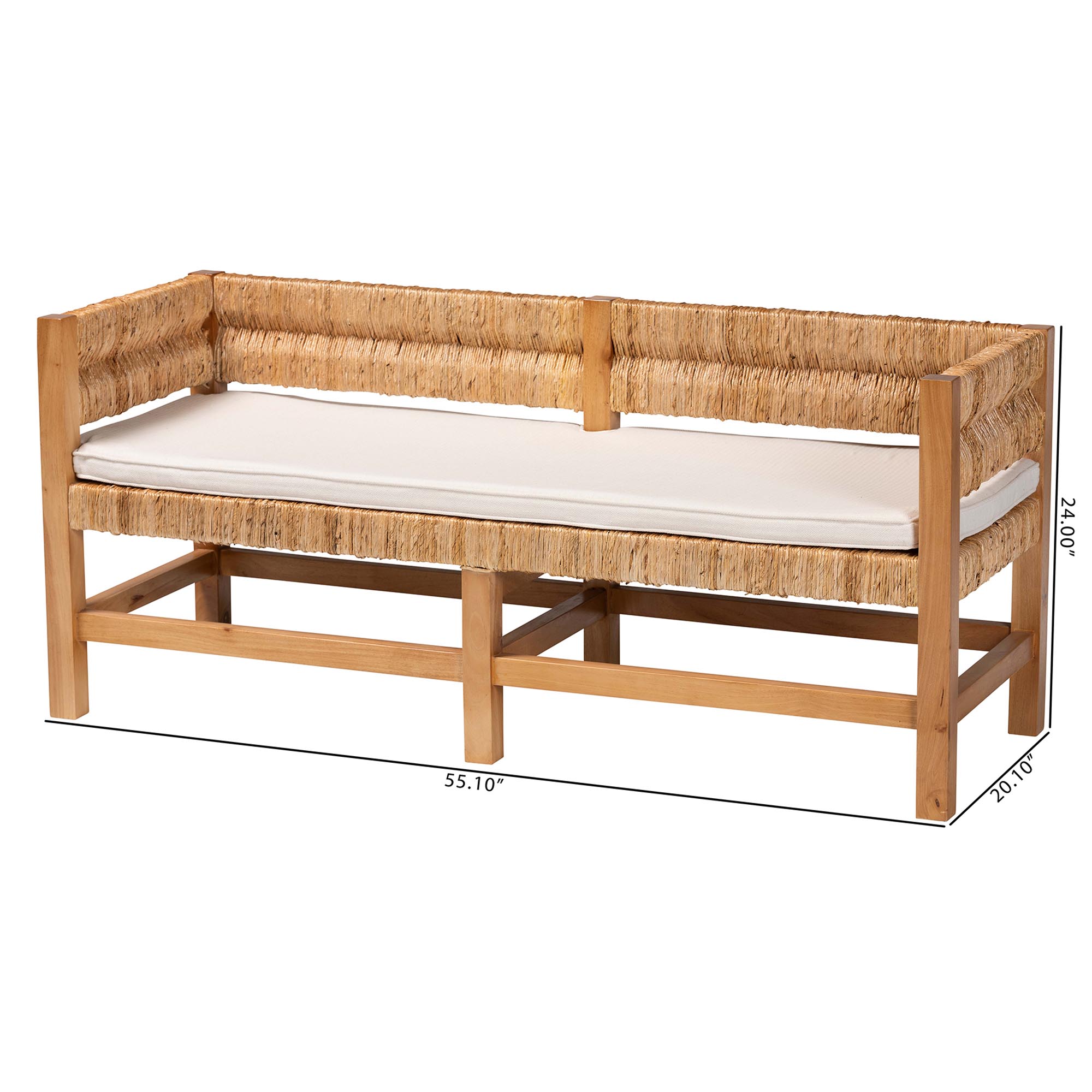 bali & pari Ismael Accent Bench - Handwoven Seagrass Accent Seating with Mahogany Wood Frame, Raised Back Bench for Entryway or Living Room