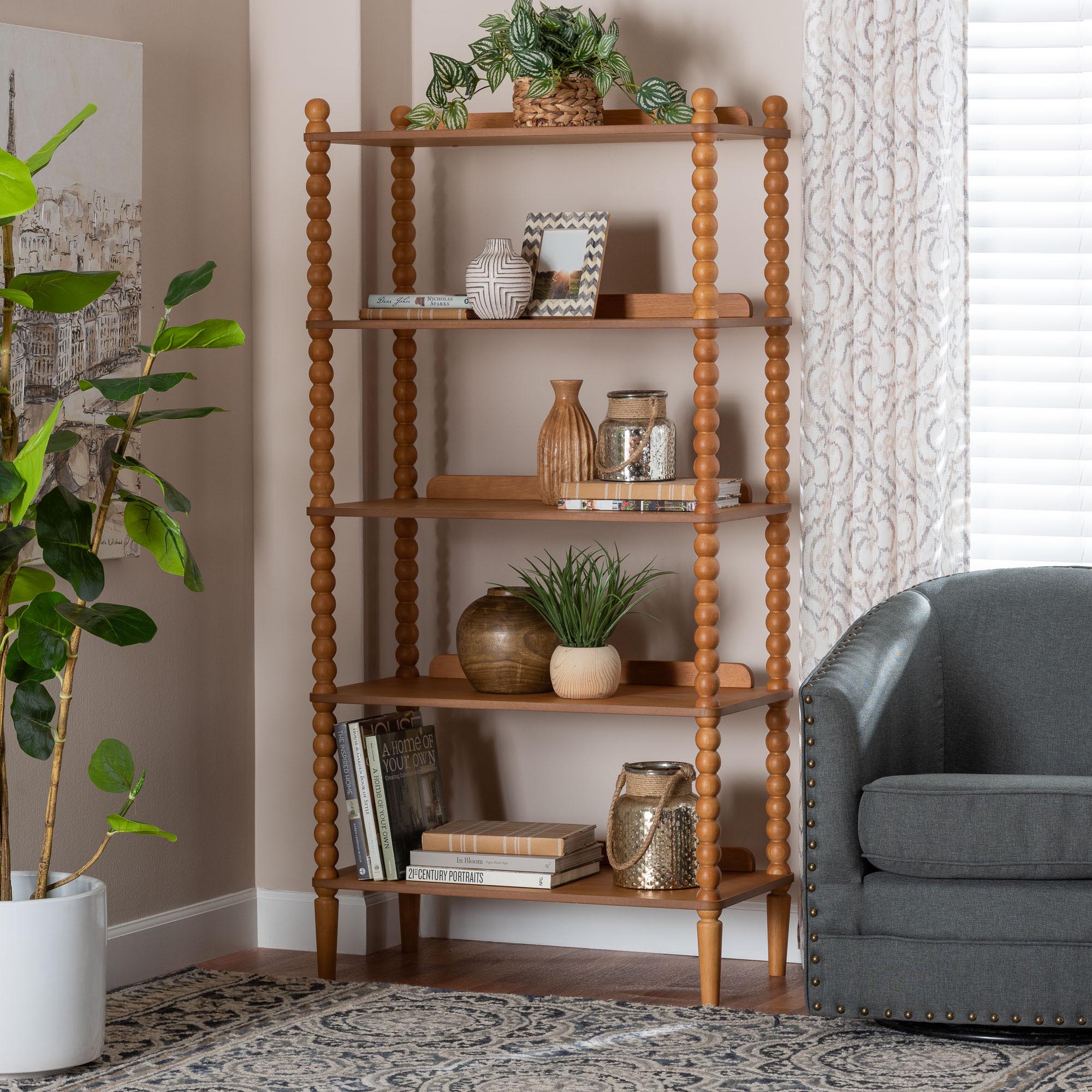 Baxton Studio Lucera Bobbin Display Shelf - 5-Tier Open Frame Vertical Bookcase with Spindle Posts for Living Room or Ofice, Oak Brown