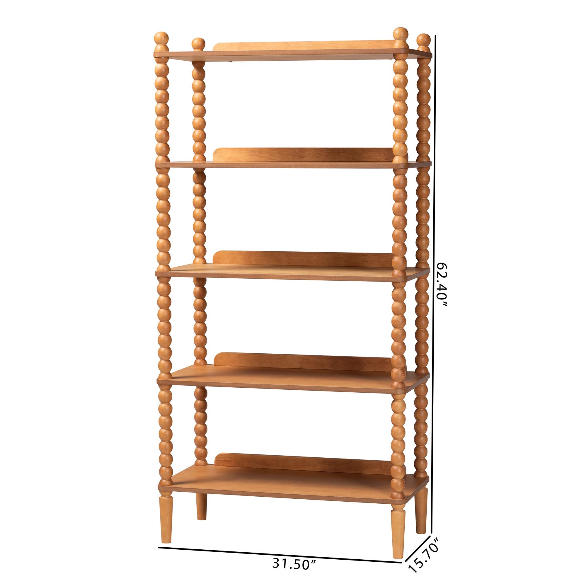 Baxton Studio Lucera Bobbin Display Shelf - 5-Tier Open Frame Vertical Bookcase with Spindle Posts for Living Room or Ofice, Oak Brown