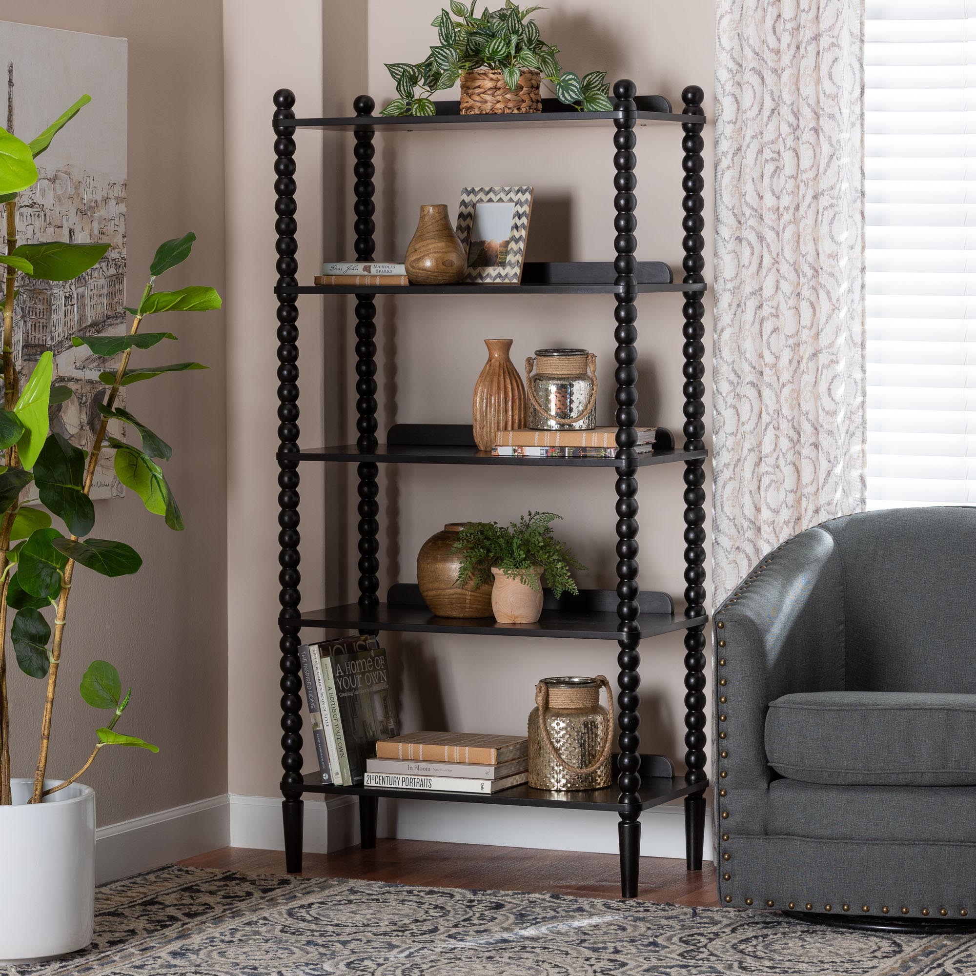 Baxton Studio Lucera Bobbin Display Shelf - 5-Tier Open Frame Vertical Bookcase with Spindle Posts for Living Room or Office, Black