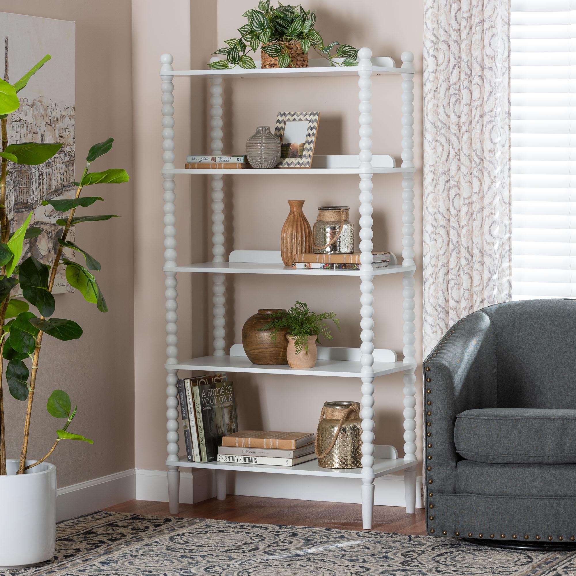 Baxton Studio Lucera Bobbin Display Shelf - 5-Tier Open Frame Vertical Bookcase with Spindle Posts for Living Room or Office, White