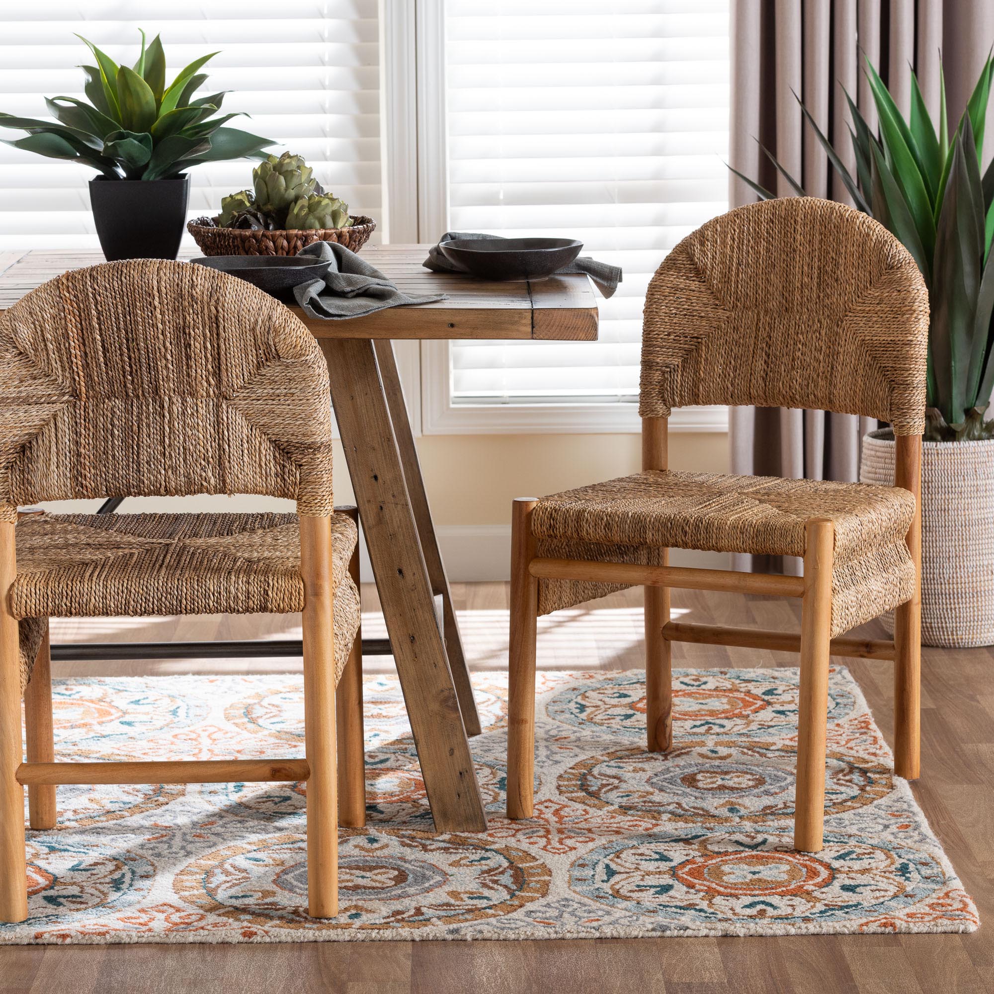 bali & pari Cavo Handwoven Seagrass Dining Chair - Natural Fiber Wicker Side Chair with Mahogany Wood Frame, for Dining Room, Kitchen, or Accent Seating