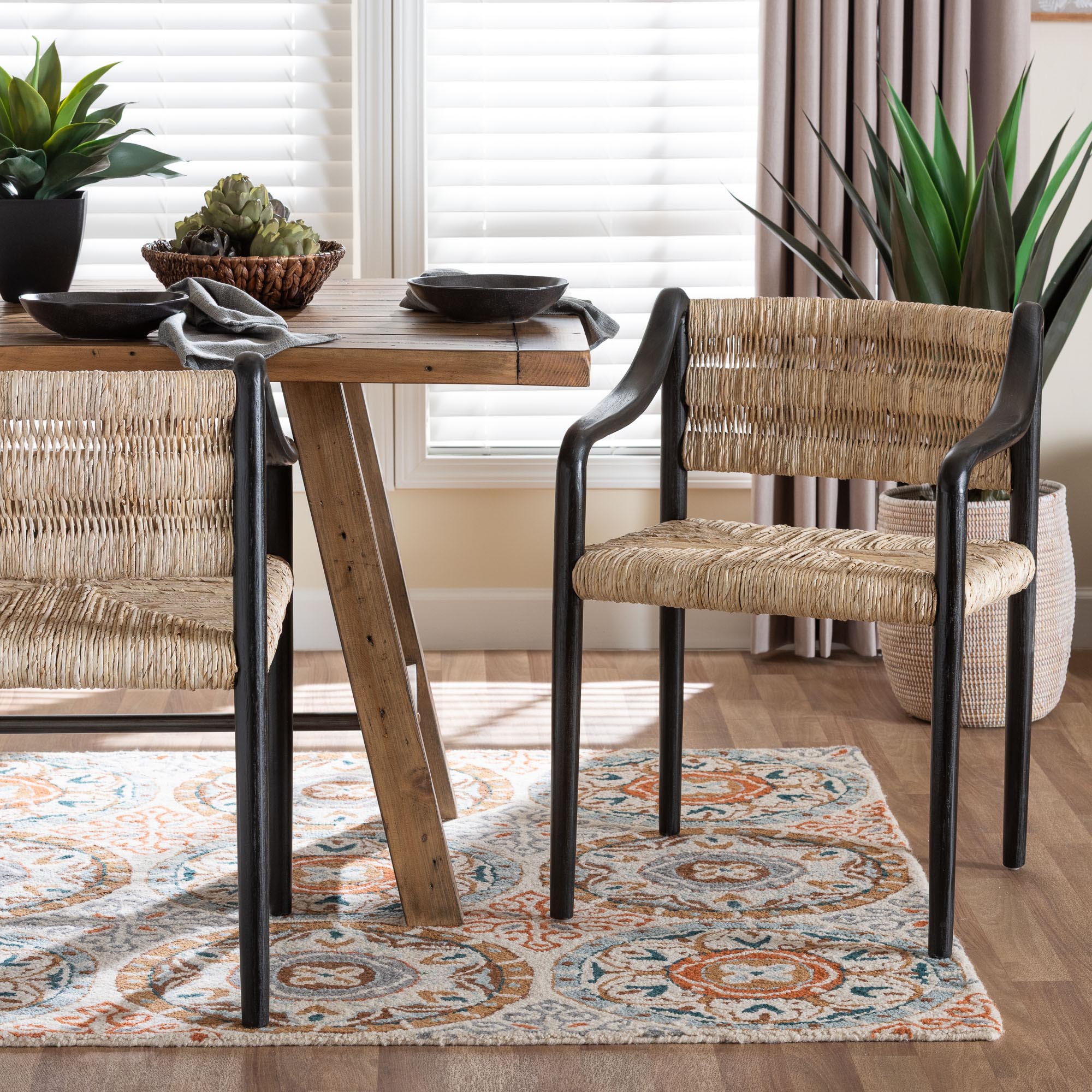 bali & pari Onda Handwoven Seagrass Dining Chair - Natural Fiber Wicker Armchair with Mahogany Wood Frame for Dining Room or Living Space