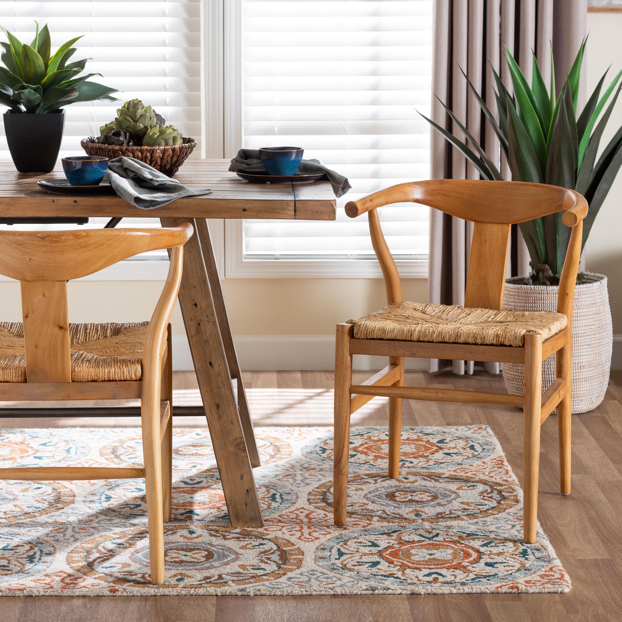 bali & pari Fika Dining Chair with Woven Seagrass Seat - Handwoven Wicker Armchair with Wishbone Backrest, Boho Coastal Seating