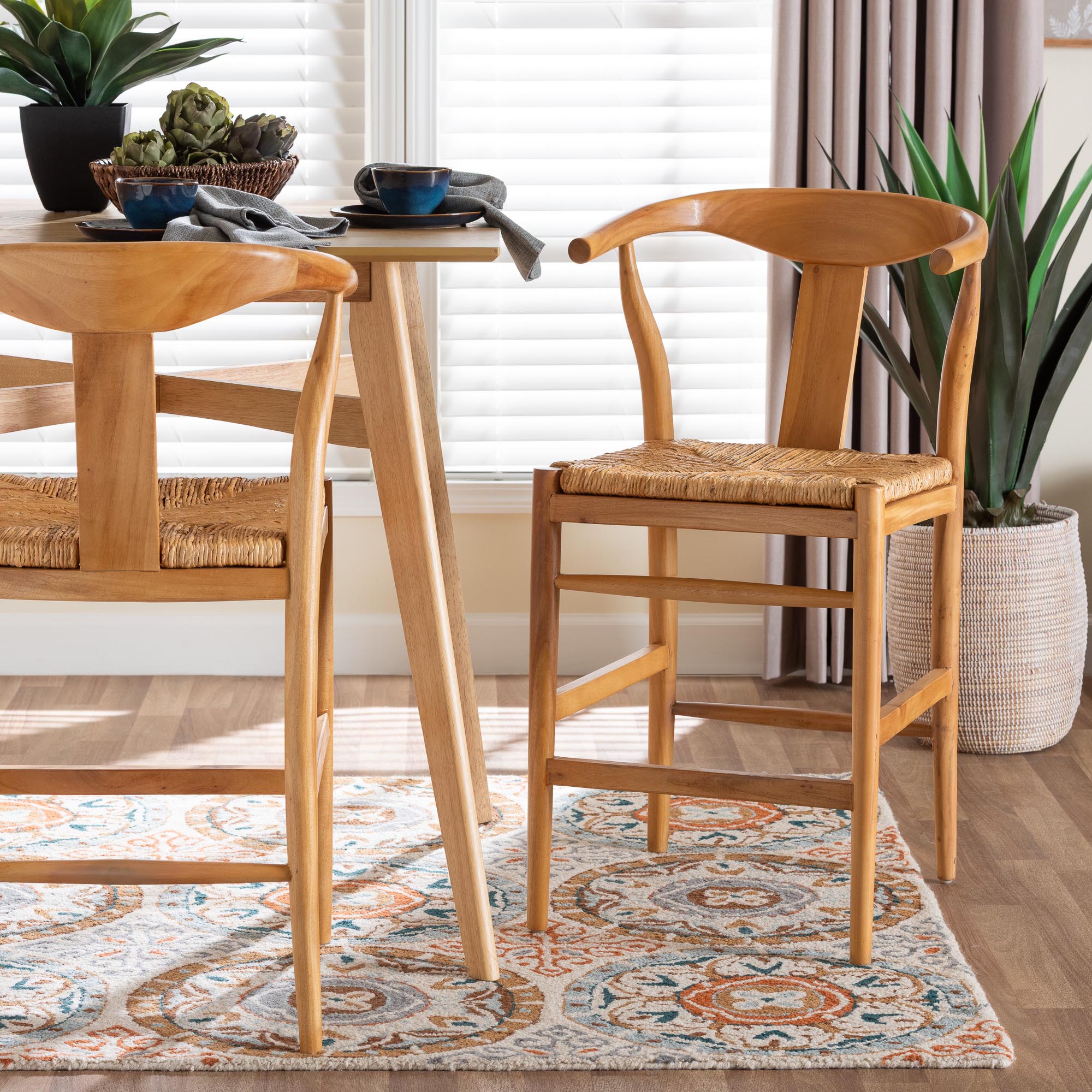 bali & pari Fika Counter Stool with Woven Seagrass Seat - Handwoven Wicker Stool with Arms and Wishbone Backrest, Boho Coastal Seating for Kitchen Island or Dining Counter
