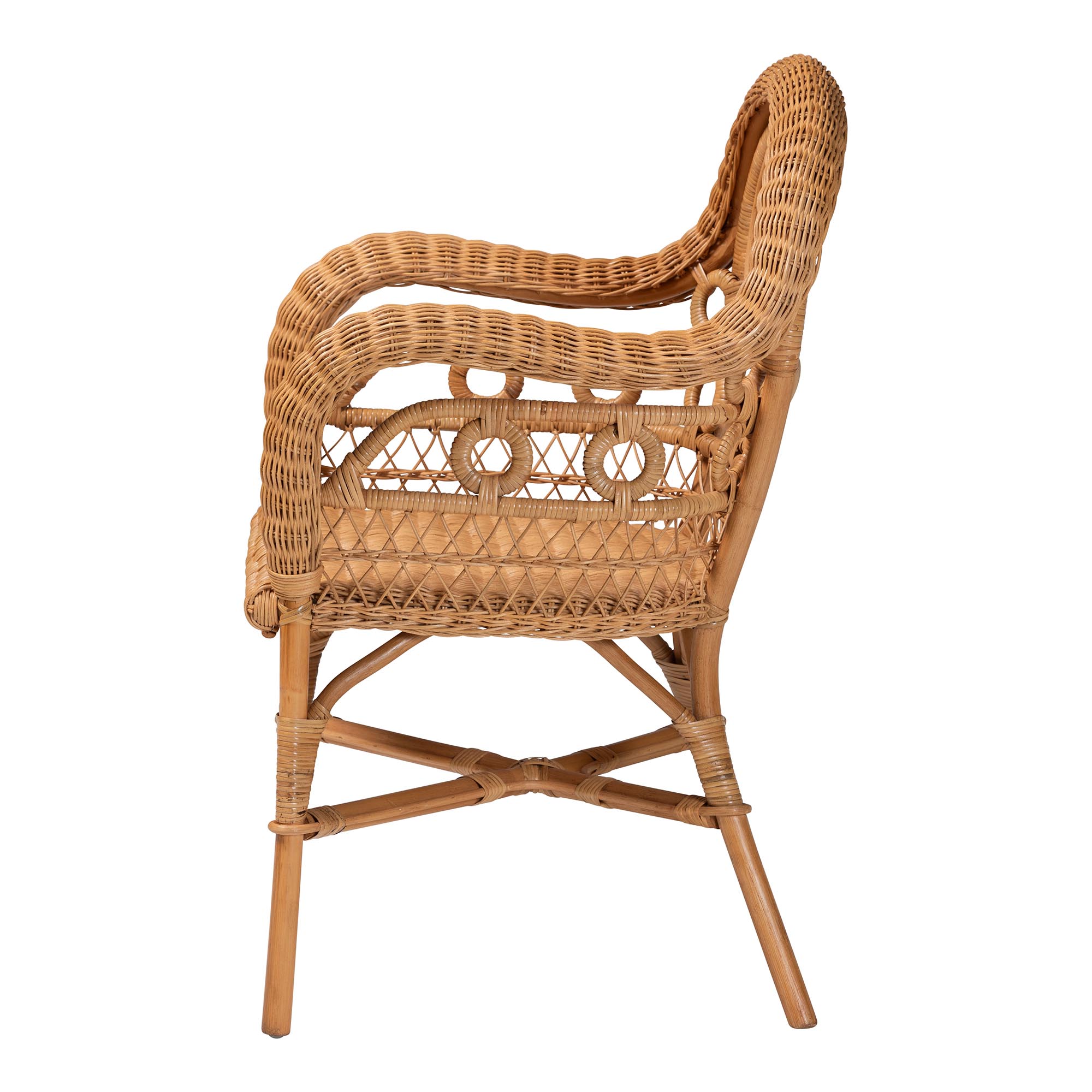 bali & pari Abigale Natural Rattan Dining Chair - Handwoven Wicker Accent Chair with Arms and Openwork Frame for Kitchen or Dining Room