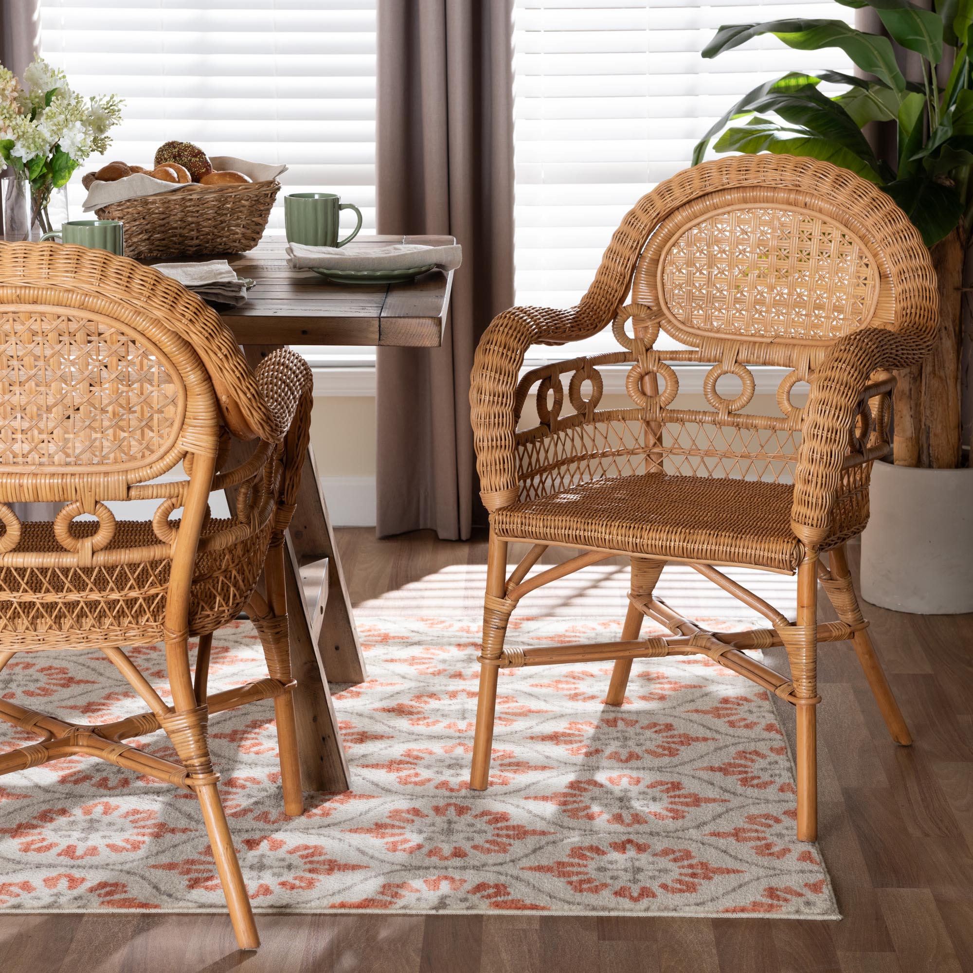 bali & pari Abigale Natural Rattan Dining Chair - Handwoven Wicker Accent Chair with Arms and Openwork Frame for Kitchen or Dining Room