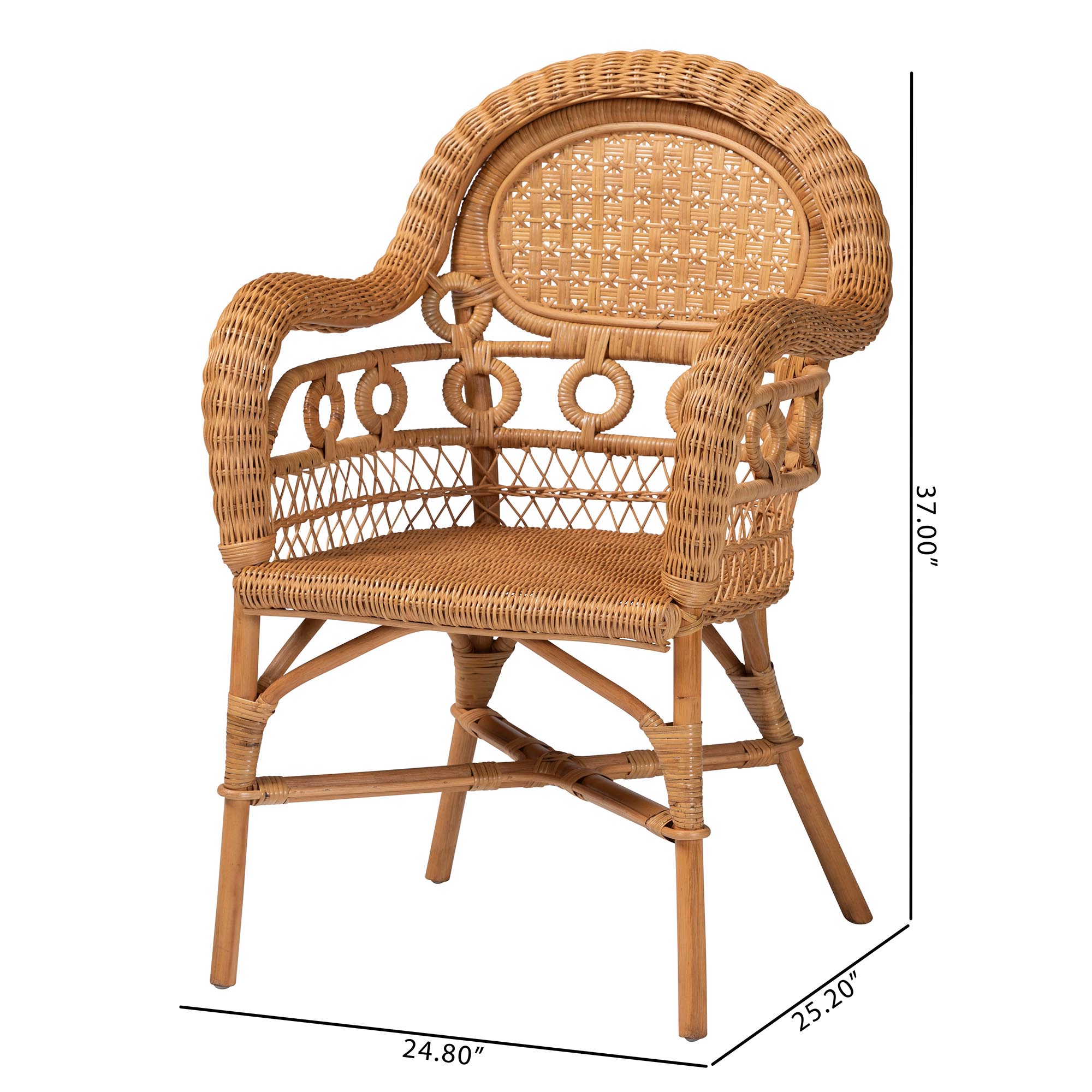 bali & pari Abigale Natural Rattan Dining Chair - Handwoven Wicker Accent Chair with Arms and Openwork Frame for Kitchen or Dining Room