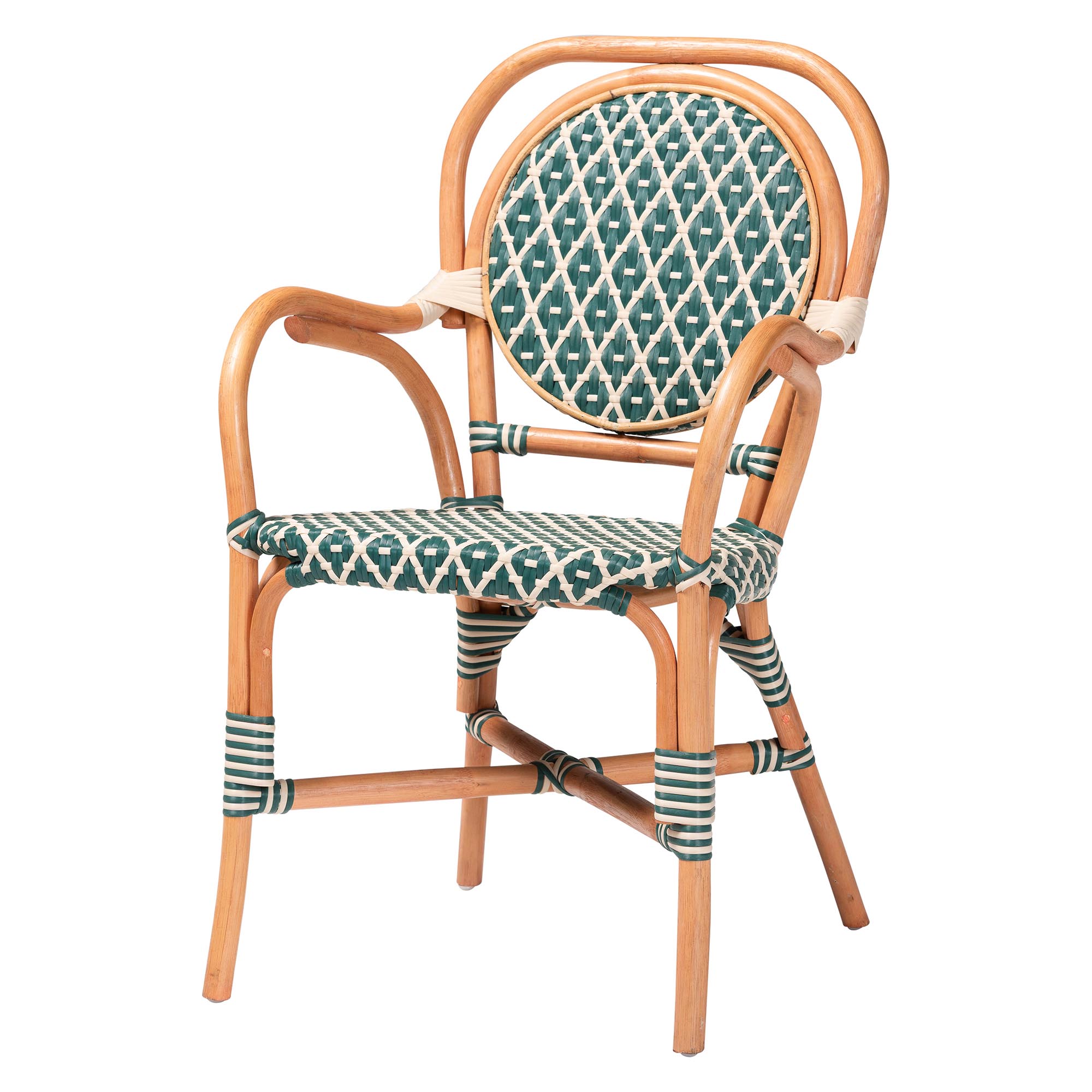 bali & pari Mattie Rattan Bistro Chair - Handwoven Cafe-Style Dining Chair with Curved Arms for Kitchen or Indoor/Outdoor Lounge, Green