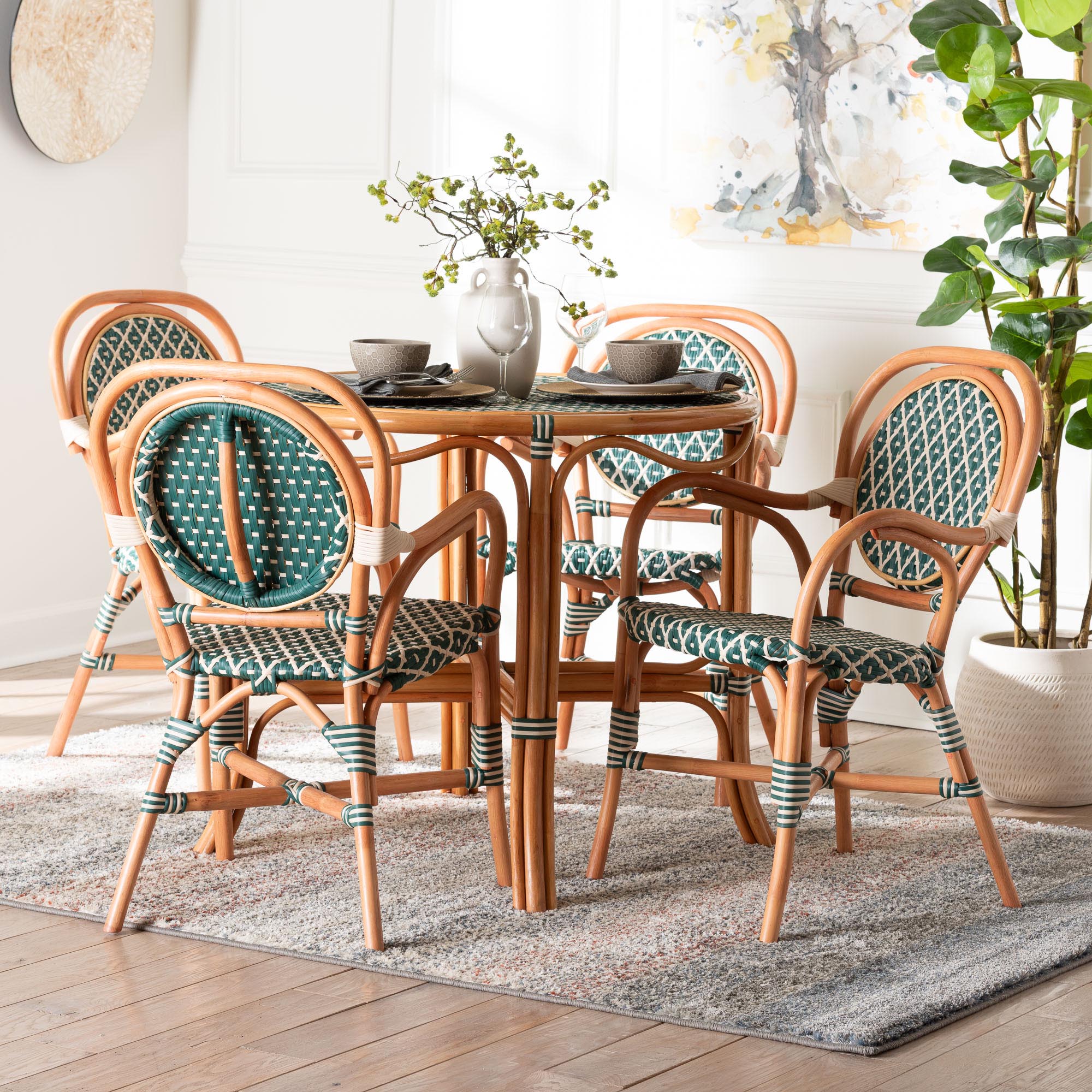 bali & pari Mattie Natural Rattan Bistro Dining Set - 5-Piece Cafe-Style Set with Round Table and 4 Matching Chairs, for Kitchen or Indoor/Outdoor Seating, Green