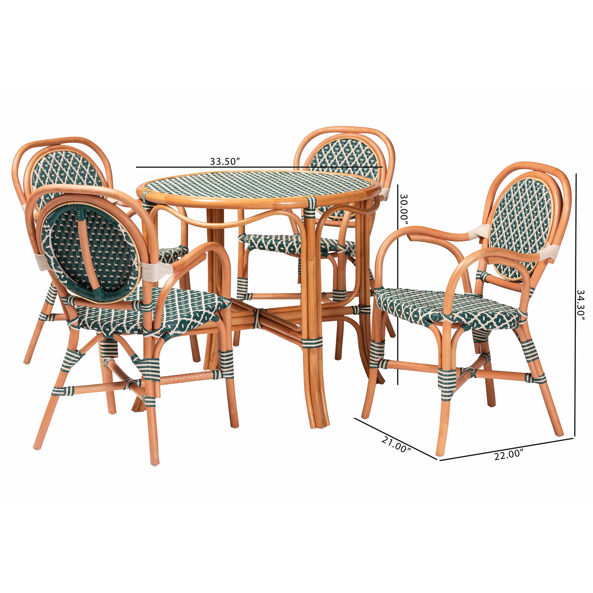 bali & pari Mattie Natural Rattan Bistro Dining Set - 5-Piece Cafe-Style Set with Round Table and 4 Matching Chairs, for Kitchen or Indoor/Outdoor Seating, Green
