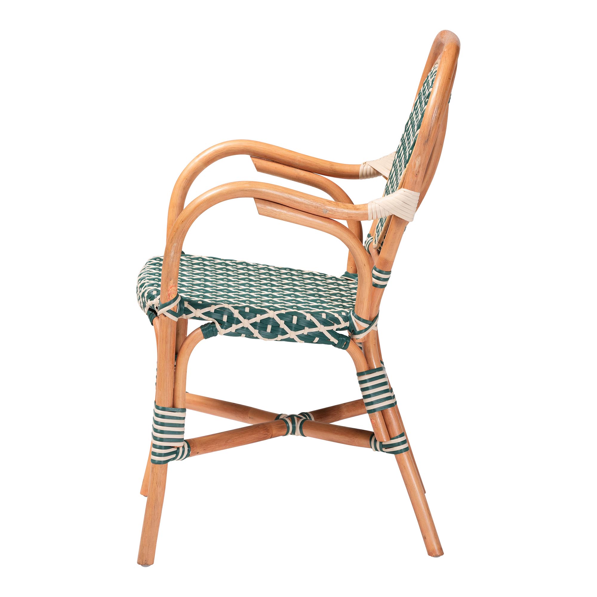 bali & pari Mattie Rattan Bistro Chair - Handwoven Cafe-Style Dining Chair with Curved Arms for Kitchen or Indoor/Outdoor Lounge, Green