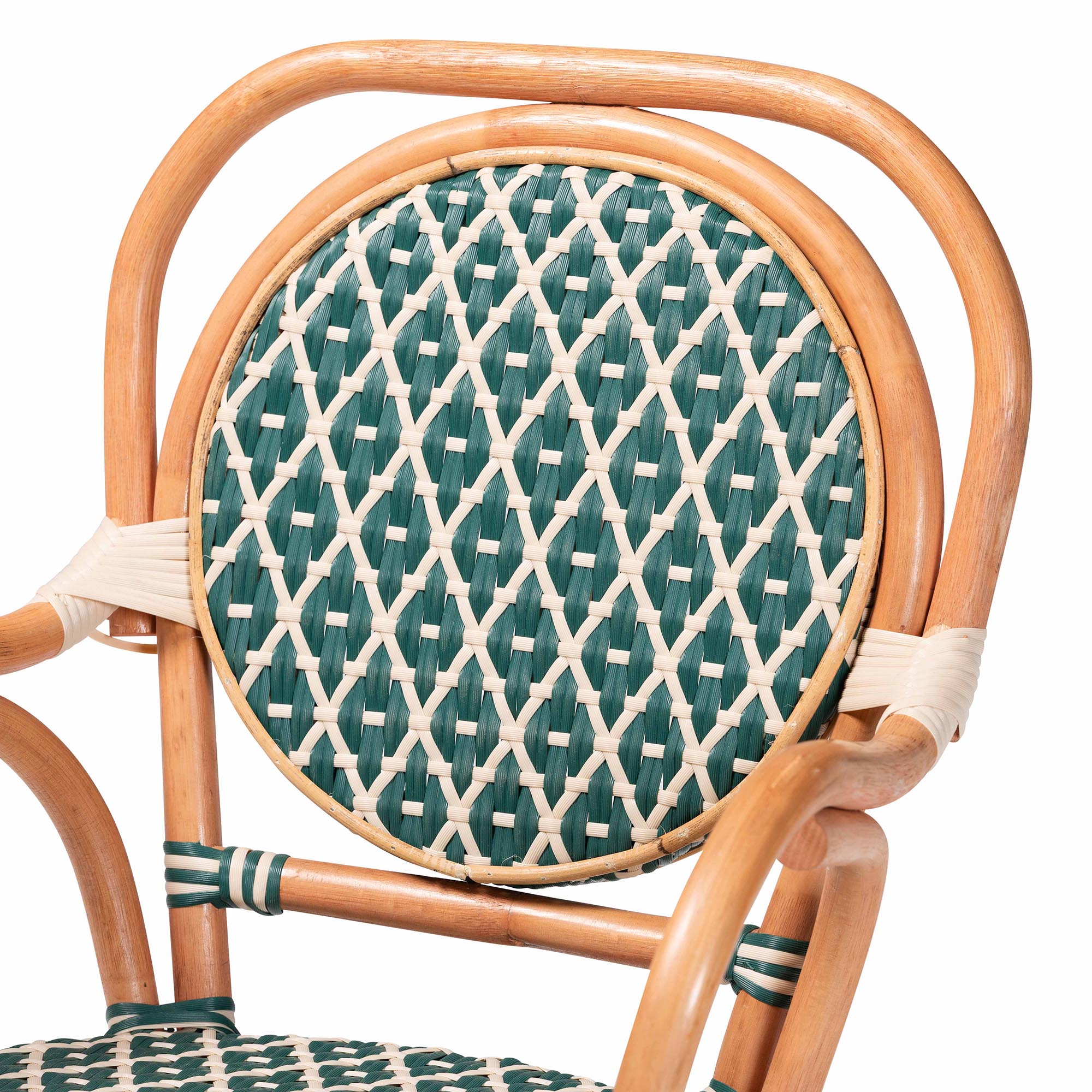 bali & pari Mattie Rattan Bistro Chair - Handwoven Cafe-Style Dining Chair with Curved Arms for Kitchen or Indoor/Outdoor Lounge, Green