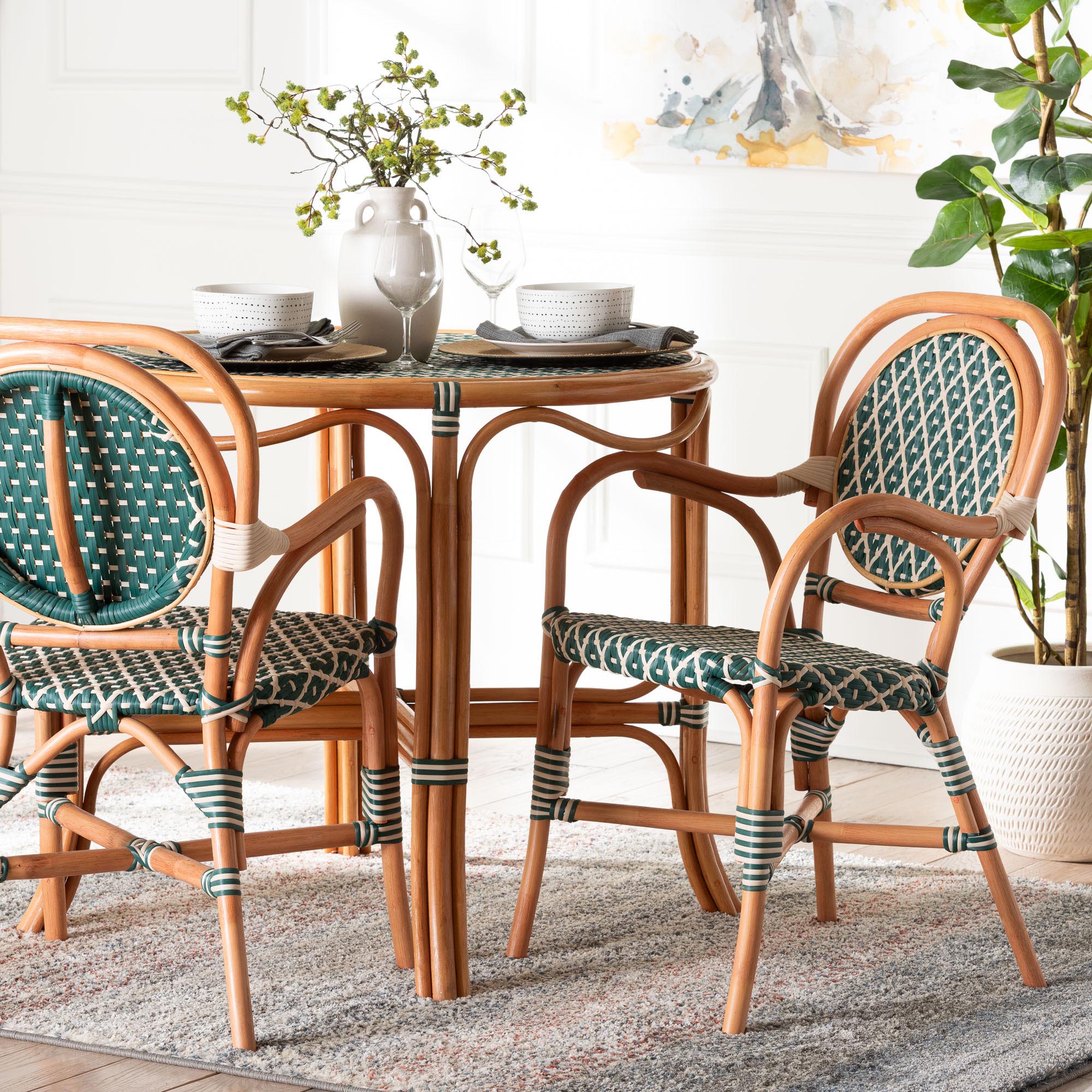 bali & pari Mattie Rattan Bistro Chair - Handwoven Cafe-Style Dining Chair with Curved Arms for Kitchen or Indoor/Outdoor Lounge, Green