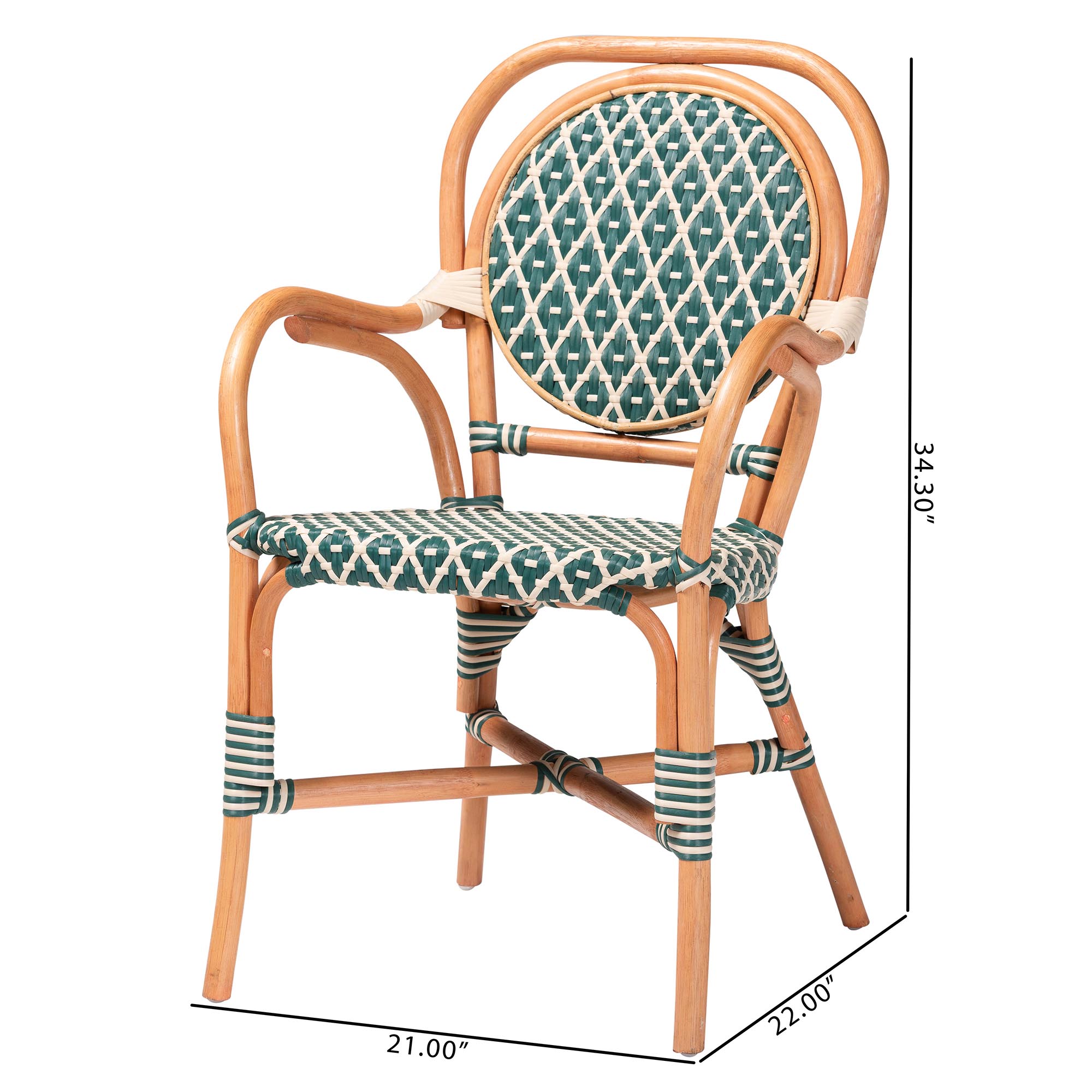 bali & pari Mattie Rattan Bistro Chair - Handwoven Cafe-Style Dining Chair with Curved Arms for Kitchen or Indoor/Outdoor Lounge, Green