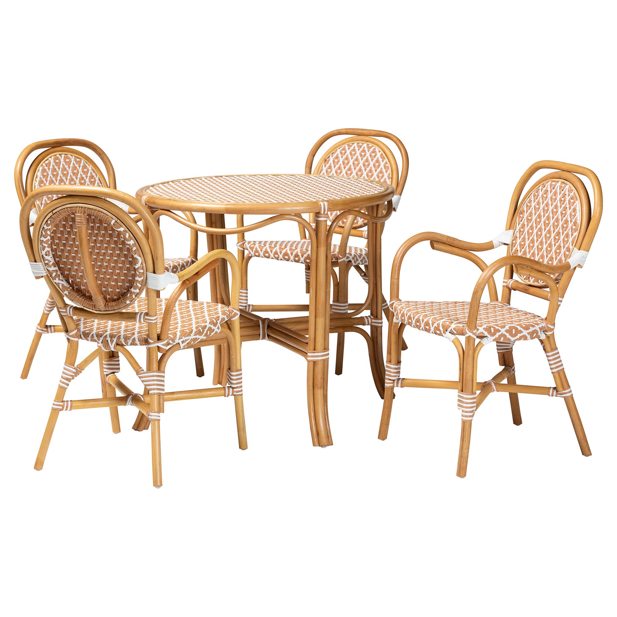 bali & pari Mattie Natural Rattan Bistro Dining Set - 5-Piece Cafe-Style Set with Round Table and 4 Matching Chairs, for Kitchen or Indoor/Outdoor Seating, Beige