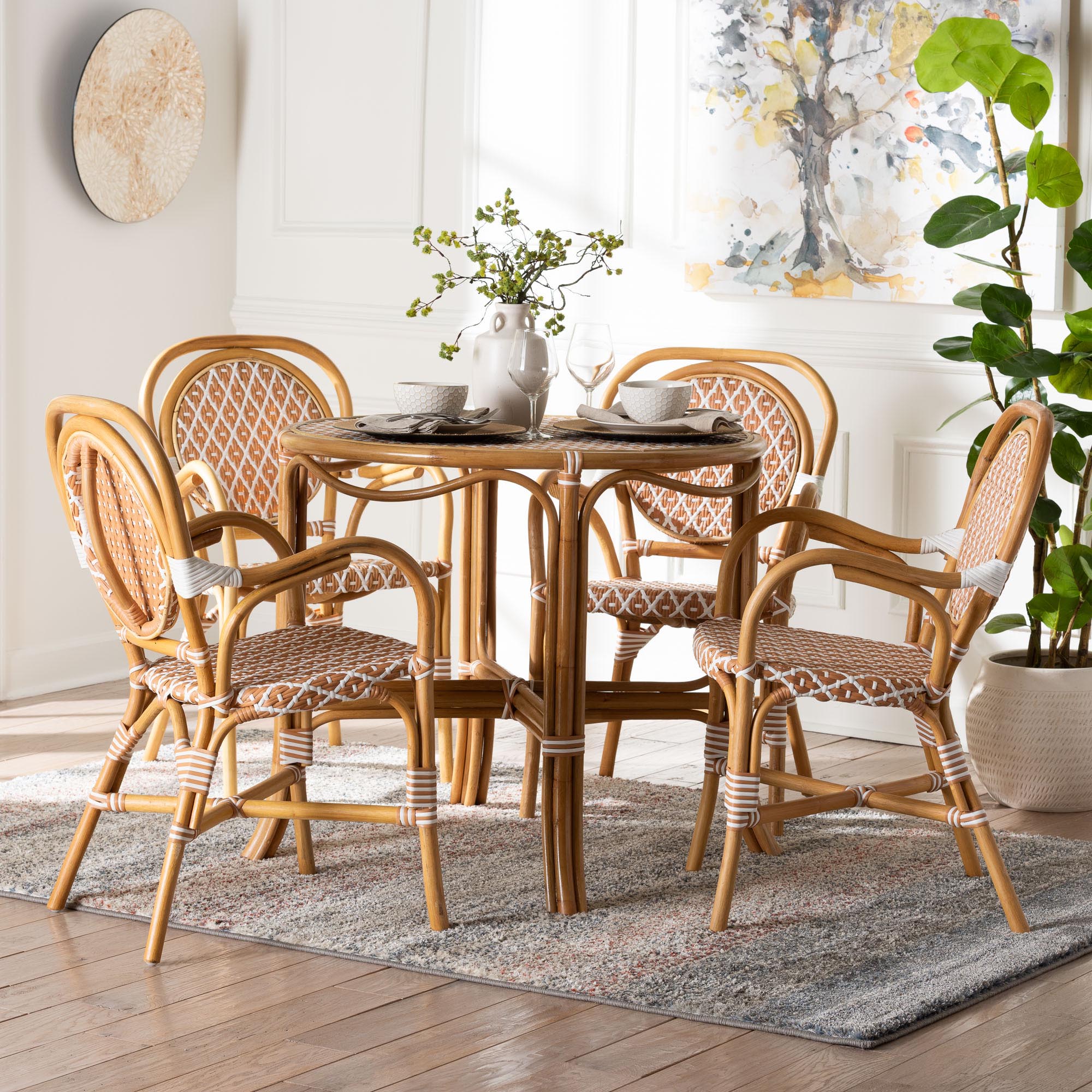bali & pari Mattie Natural Rattan Bistro Dining Set - 5-Piece Cafe-Style Set with Round Table and 4 Matching Chairs, for Kitchen or Indoor/Outdoor Seating, Beige