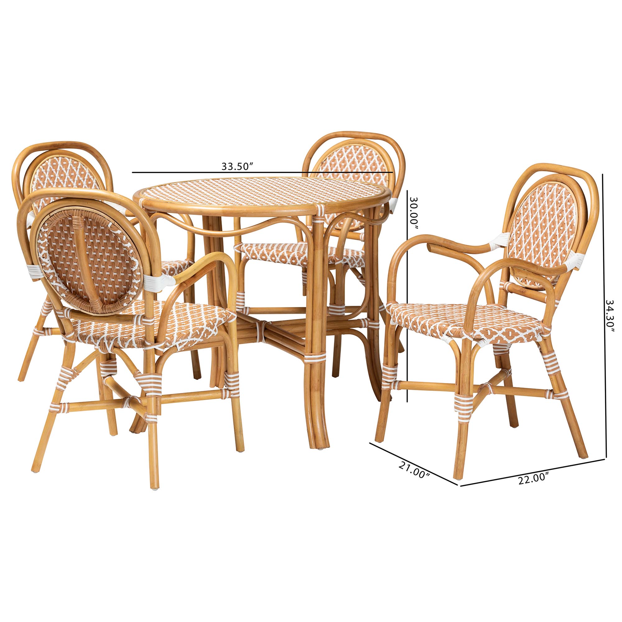 bali & pari Mattie Natural Rattan Bistro Dining Set - 5-Piece Cafe-Style Set with Round Table and 4 Matching Chairs, for Kitchen or Indoor/Outdoor Seating, Beige