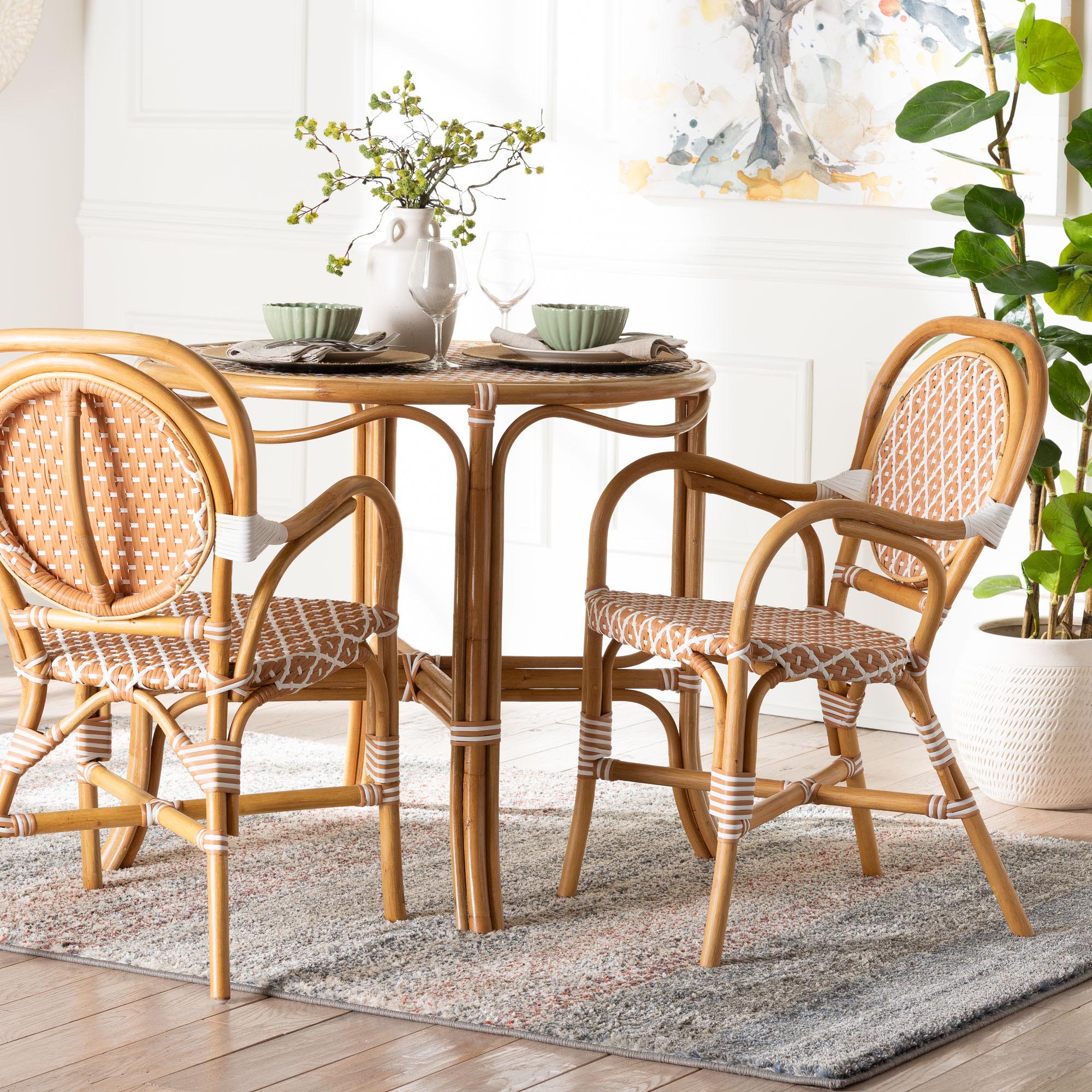 bali & pari Mattie Rattan Bistro Chair - Handwoven Cafe-Style Dining Chair with Curved Arms for Kitchen or Indoor/Outdoor Lounge, Beige