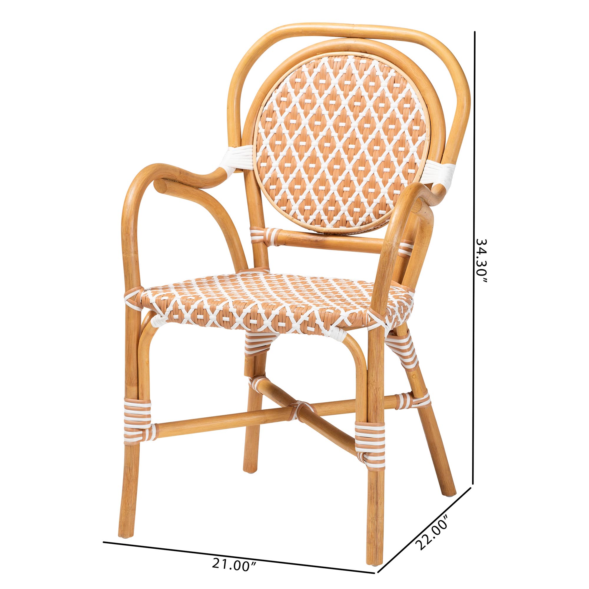 bali & pari Mattie Rattan Bistro Chair - Handwoven Cafe-Style Dining Chair with Curved Arms for Kitchen or Indoor/Outdoor Lounge, Beige