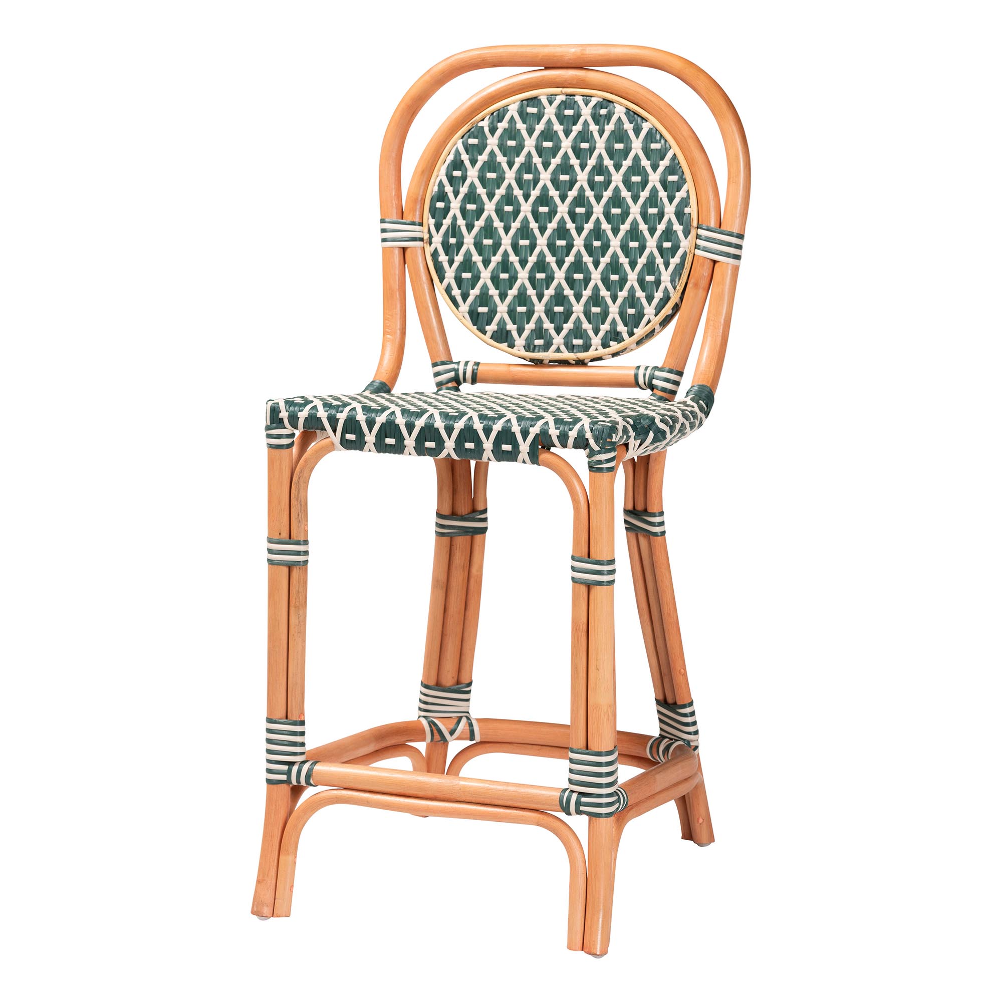 bali & pari Mattie Rattan Bistro Counter Stool - Handwoven Accent Seating with Backrest for Kitchen Island or Indoor/Outdoor Lounge, Green