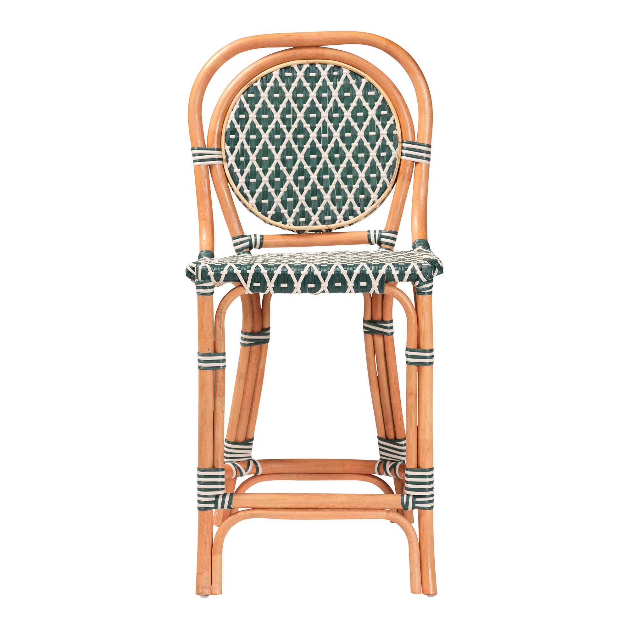 bali & pari Mattie Rattan Bistro Counter Stool - Handwoven Accent Seating with Backrest for Kitchen Island or Indoor/Outdoor Lounge, Green
