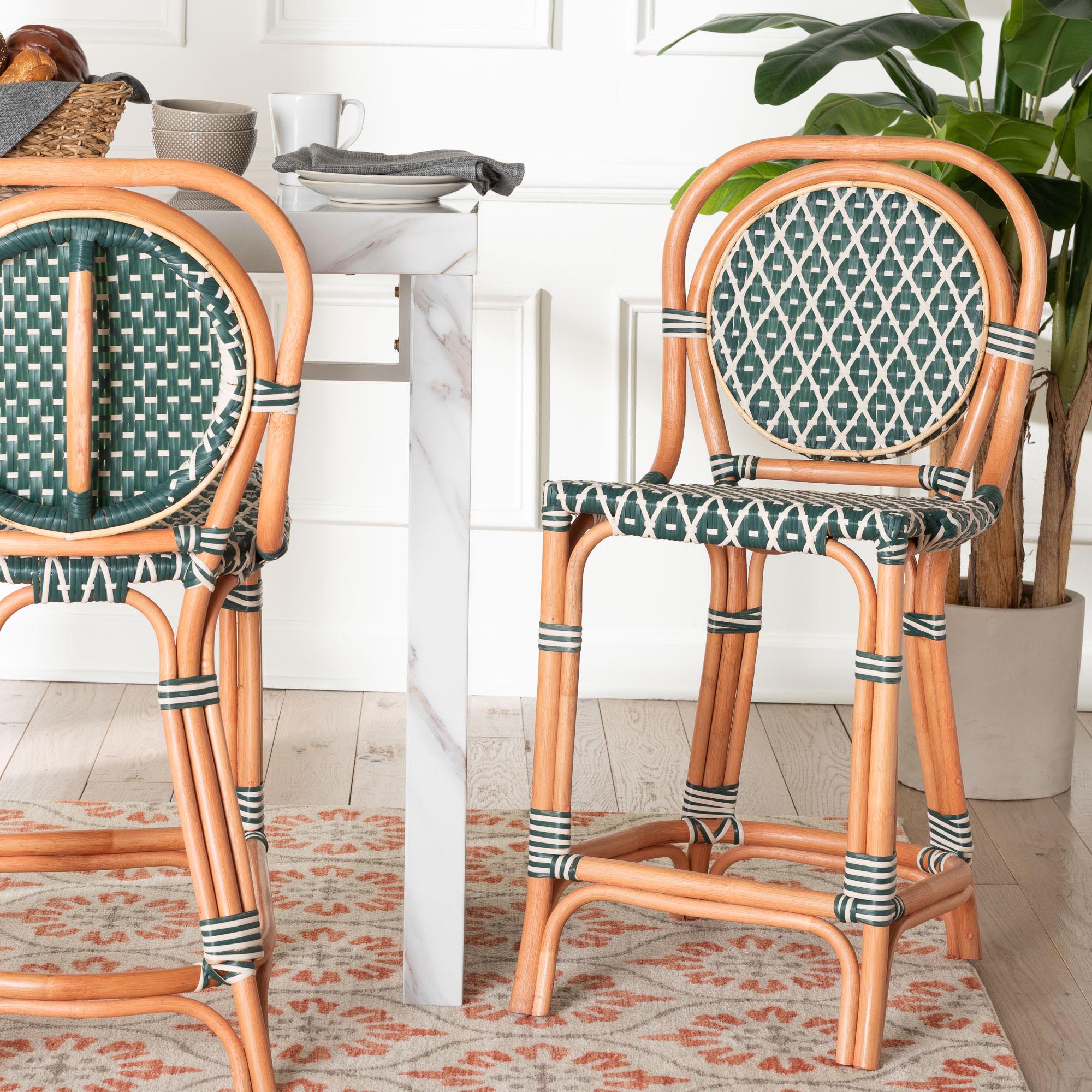 bali & pari Mattie Rattan Bistro Counter Stool - Handwoven Accent Seating with Backrest for Kitchen Island or Indoor/Outdoor Lounge, Green