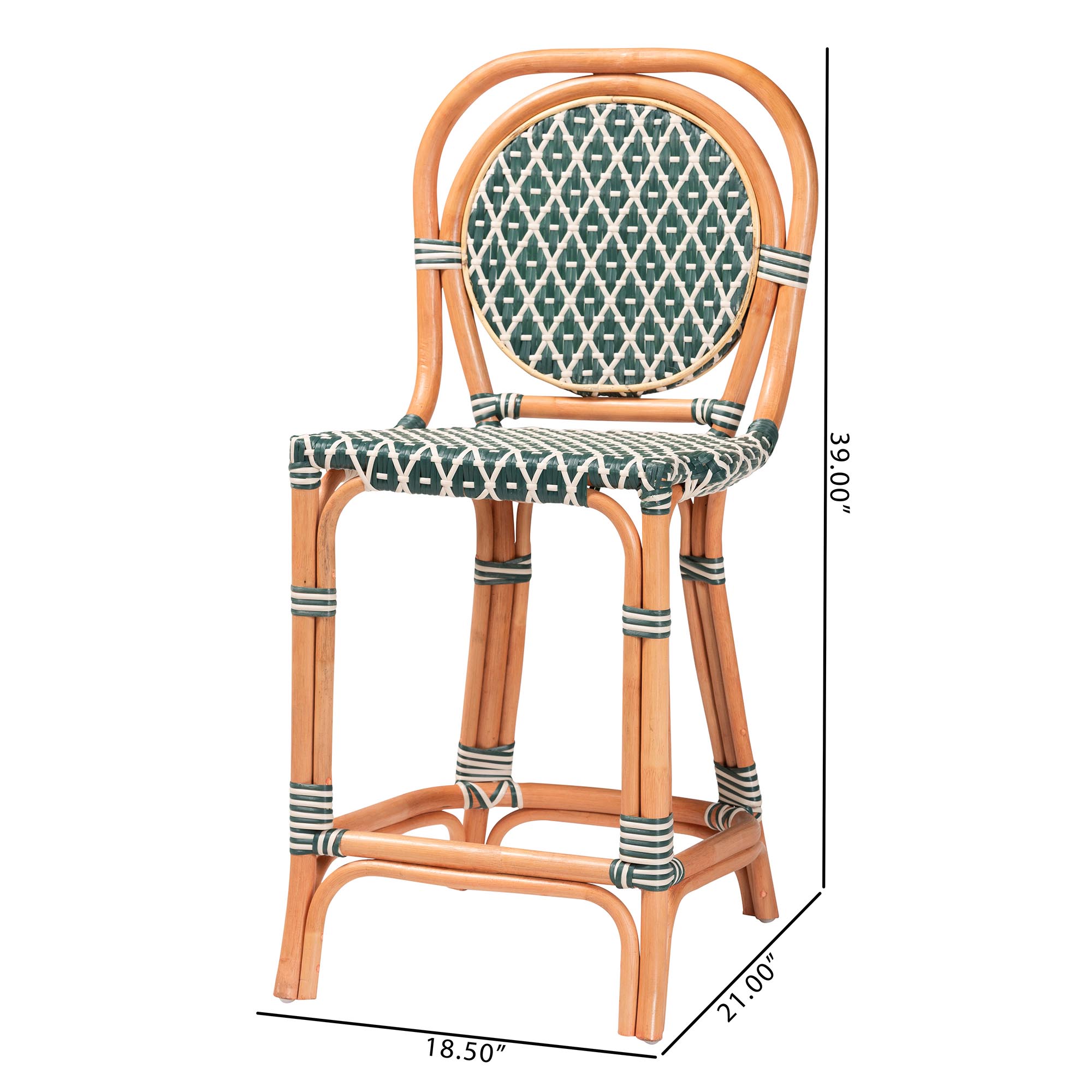 bali & pari Mattie Rattan Bistro Counter Stool - Handwoven Accent Seating with Backrest for Kitchen Island or Indoor/Outdoor Lounge, Green