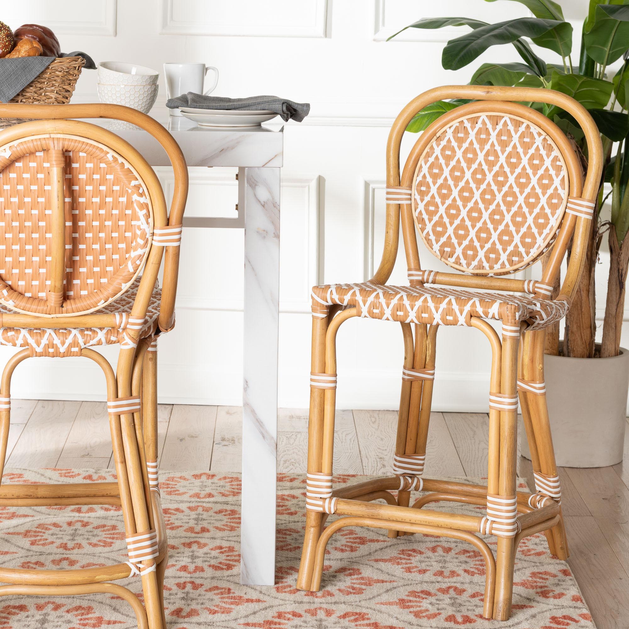 bali & pari Mattie Rattan Bistro Counter Stool - Handwoven Accent Seating with Backrest for Kitchen Island or Indoor/Outdoor Lounge, Beige