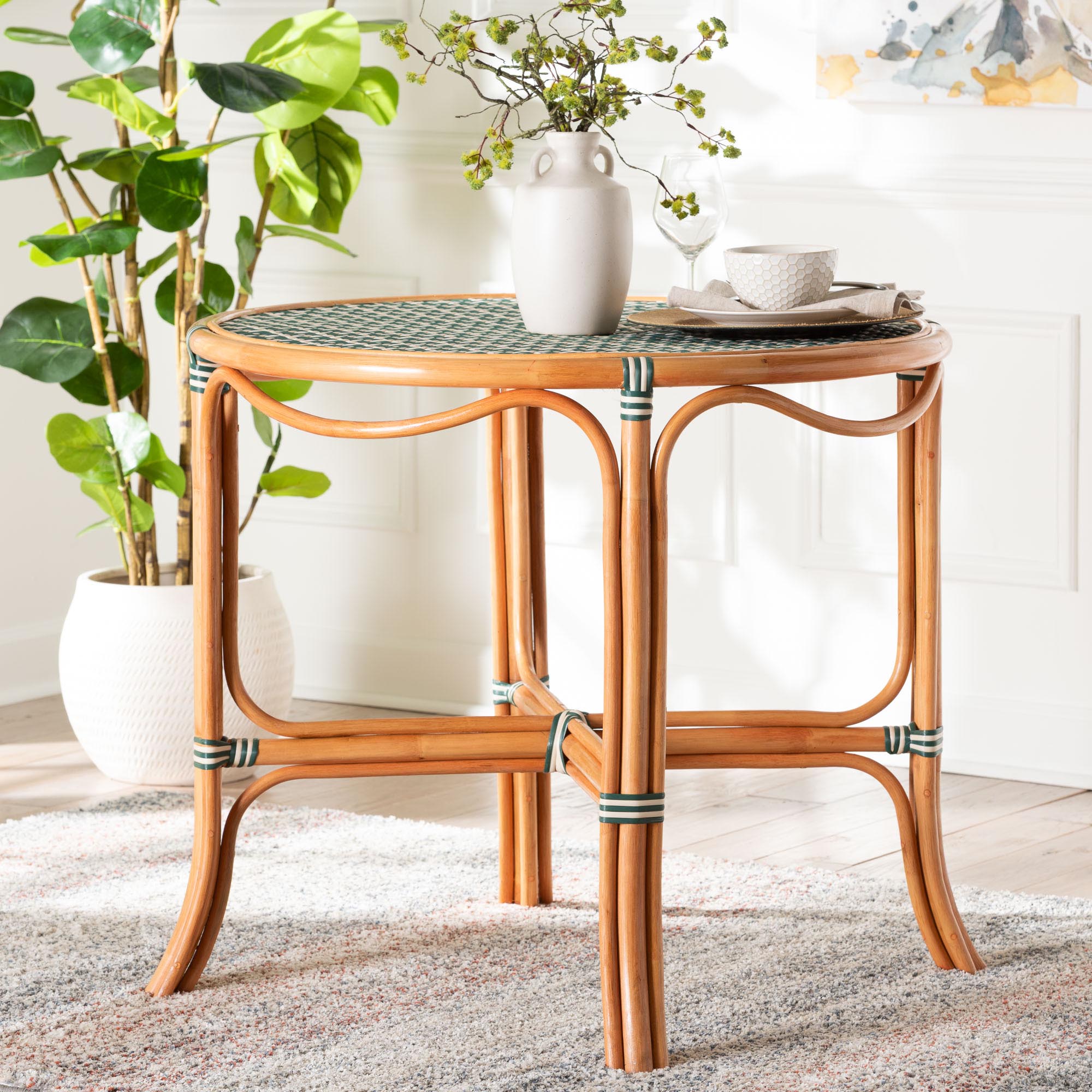 bali & pari Mattie Natural Rattan Round Bistro Dining Table - Handwoven Cafe-Style Accent Table for Kitchen or Indoor/Outdoor Lounge, Green