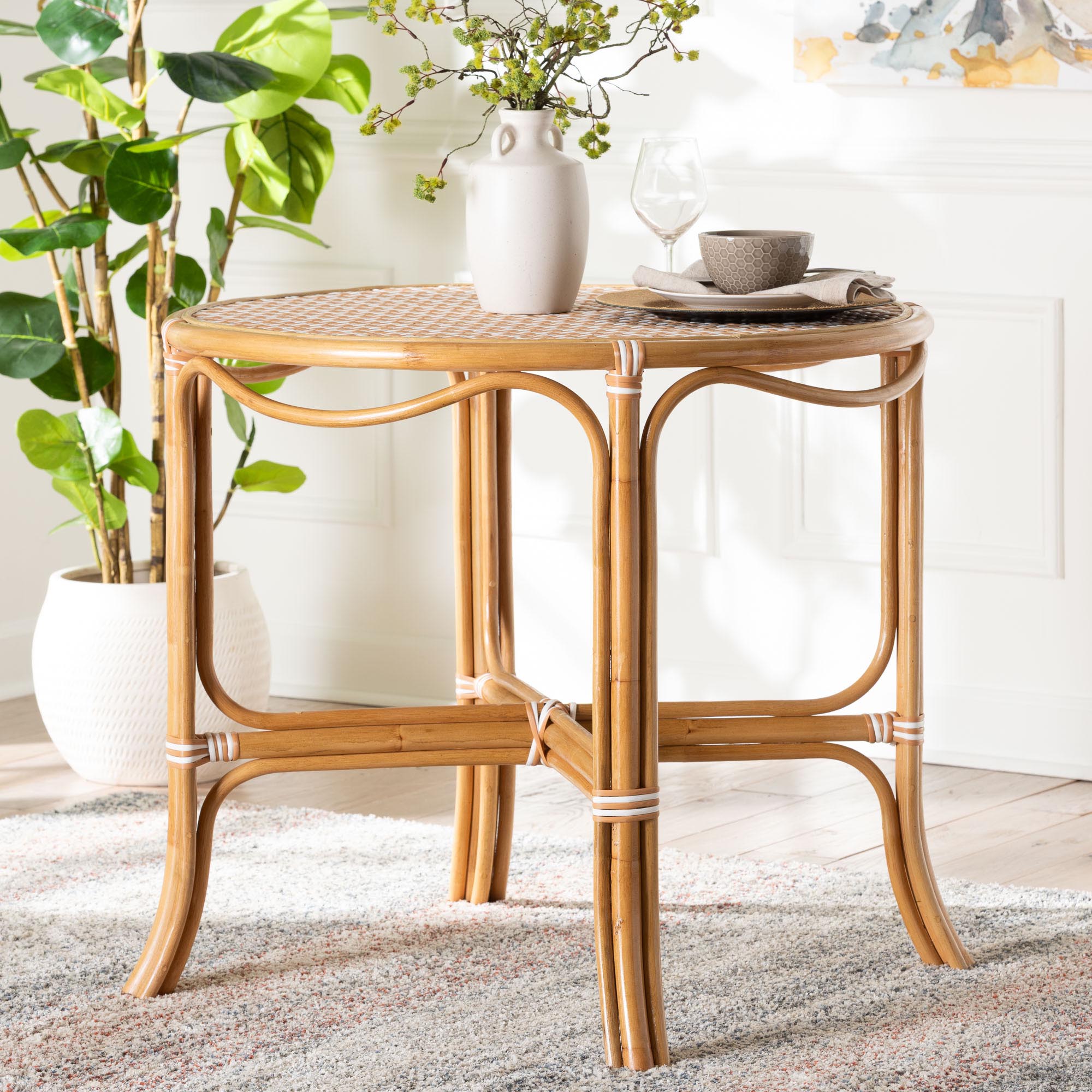 bali & pari Mattie Natural Rattan Round Bistro Dining Table - Handwoven Cafe-Style Accent Table for Kitchen or Indoor/Outdoor Lounge, Beige