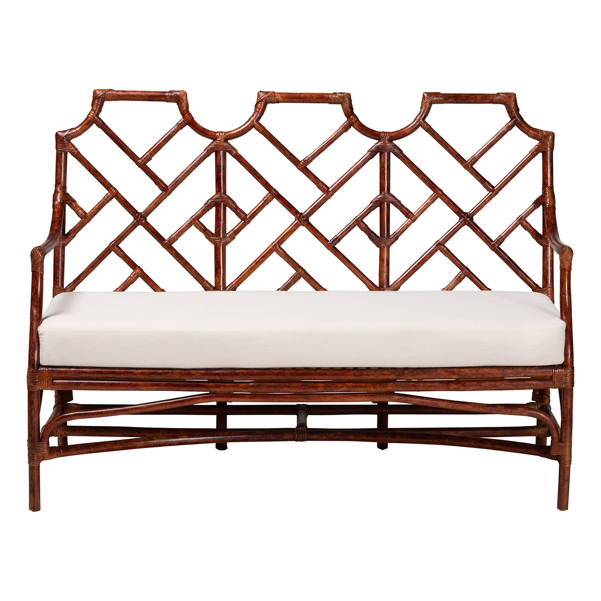 bali & pari Aella Marbled Tortoise Natural Rattan Loveseat Bench with Cushion - Handcrafted Boho Style Settee with Open Back and Curved Arms for Living Room, Entryway or Sunroom