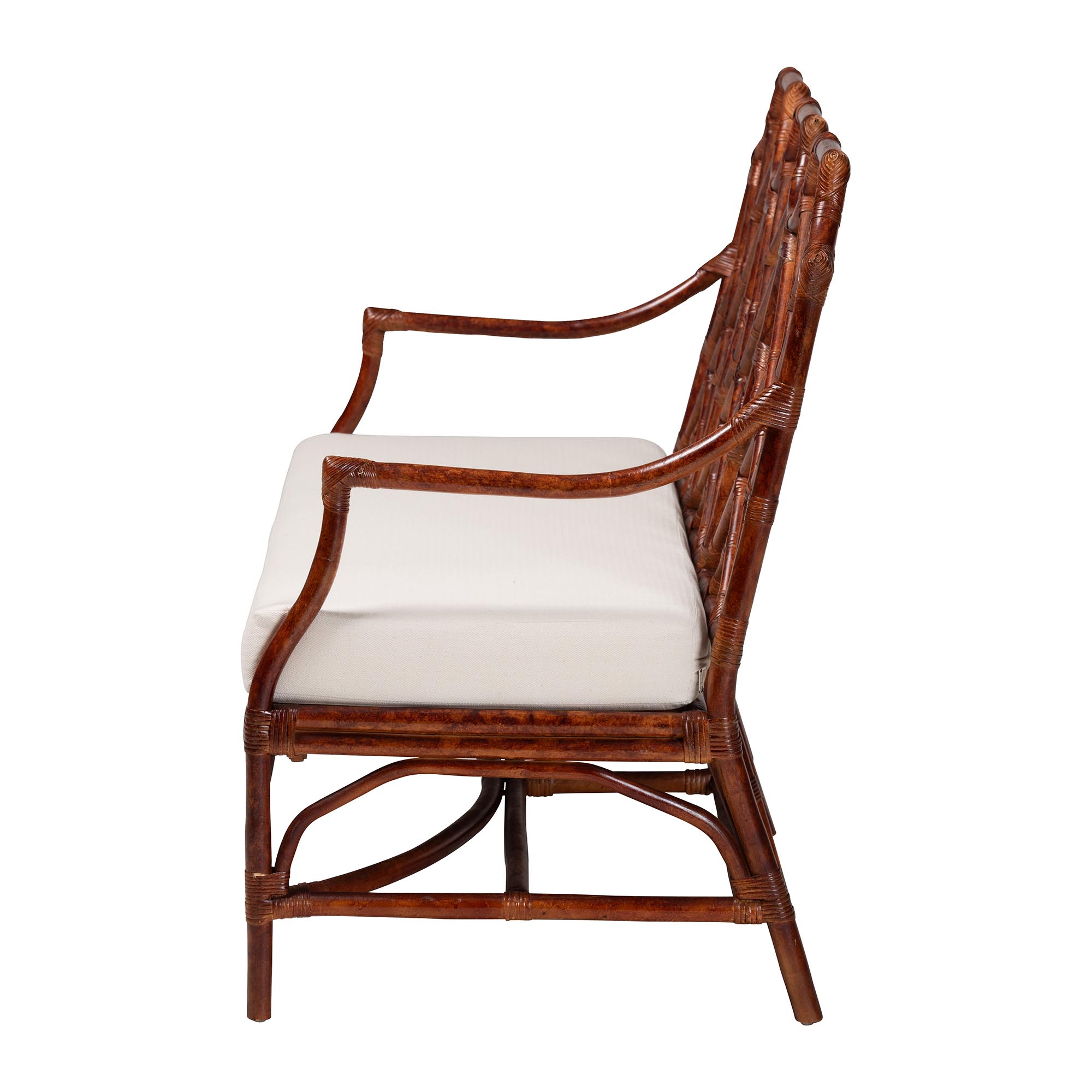 bali & pari Aella Marbled Tortoise Natural Rattan Loveseat Bench with Cushion - Handcrafted Boho Style Settee with Open Back and Curved Arms for Living Room, Entryway or Sunroom