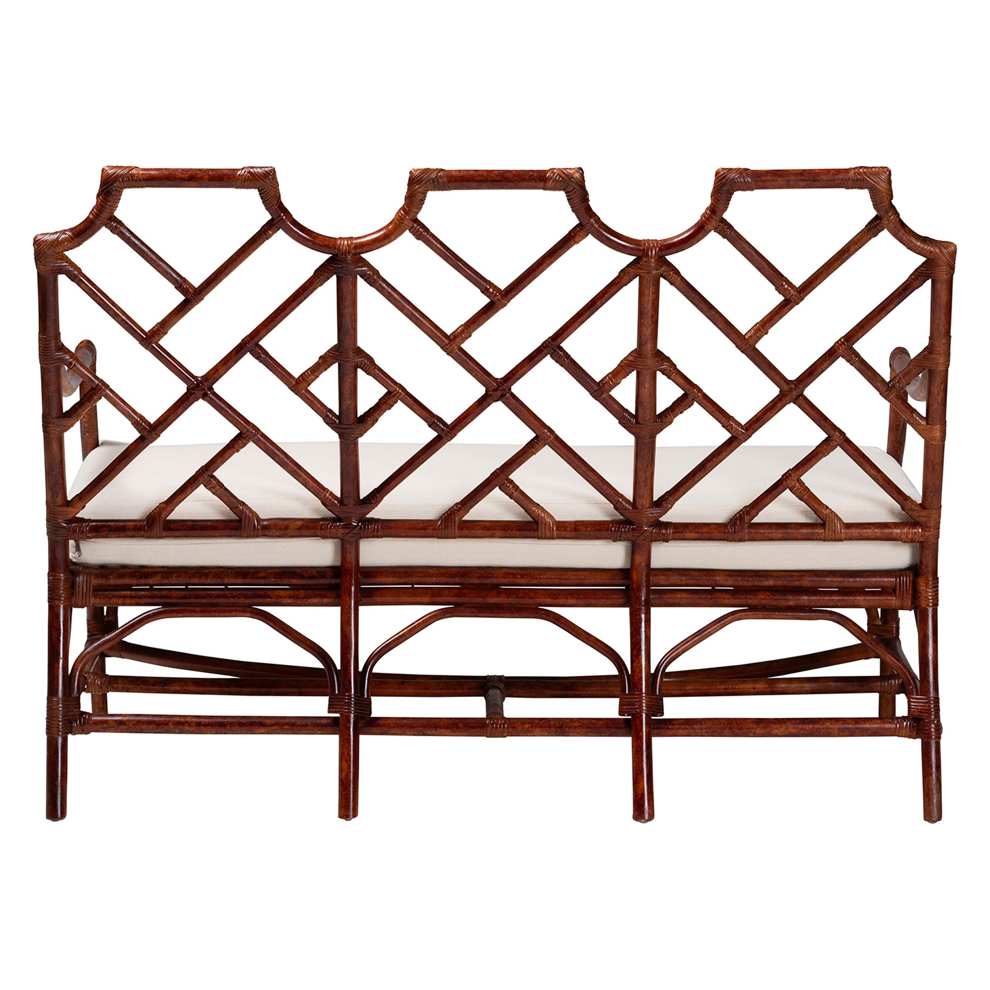 bali & pari Aella Marbled Tortoise Natural Rattan Loveseat Bench with Cushion - Handcrafted Boho Style Settee with Open Back and Curved Arms for Living Room, Entryway or Sunroom