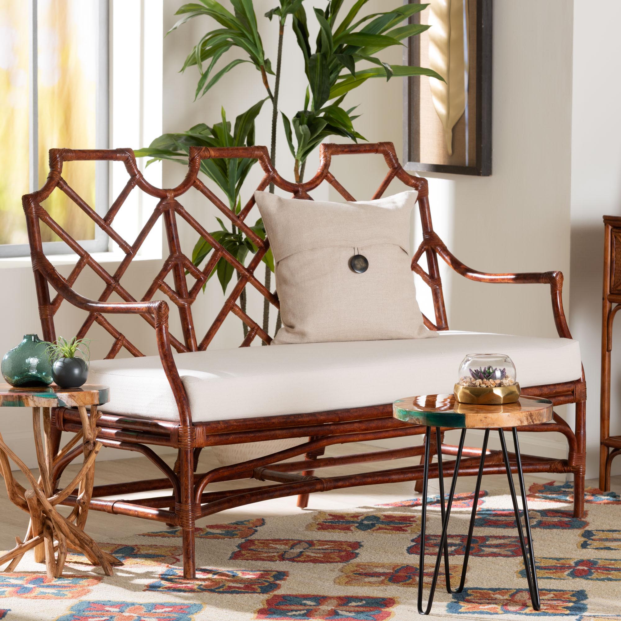 bali & pari Aella Marbled Tortoise Natural Rattan Loveseat Bench with Cushion - Handcrafted Boho Style Settee with Open Back and Curved Arms for Living Room, Entryway or Sunroom
